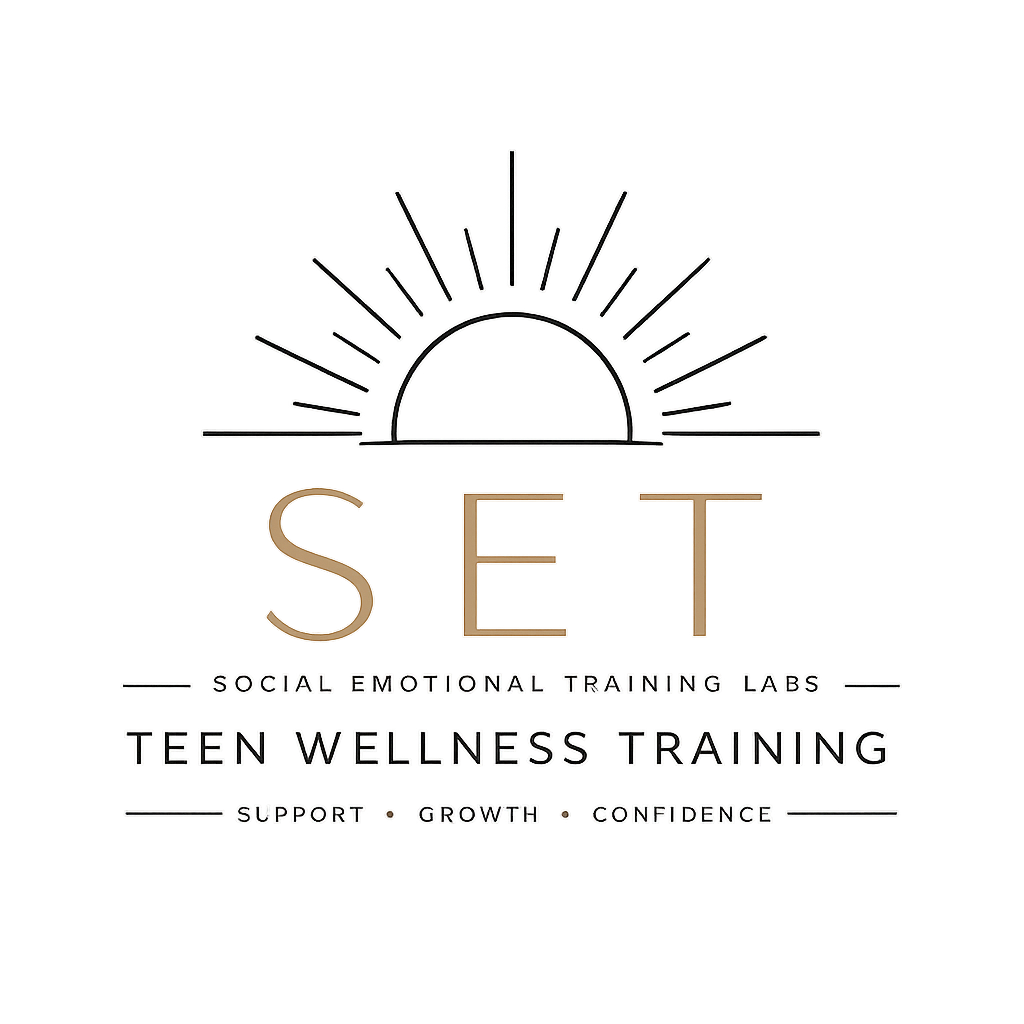 Logo for Social Emotional Training Labs with a stylized sun and large text that says "SET" and smaller text that reads "Social Emotional Training Labs Teen Wellness Training Support Growth Confidence"