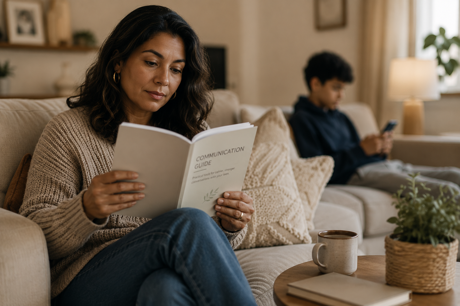 Woman sitting on a couch reading a communication guide, with a young boy using a phone in the background, a coffee mug and a plant on the table nearby.