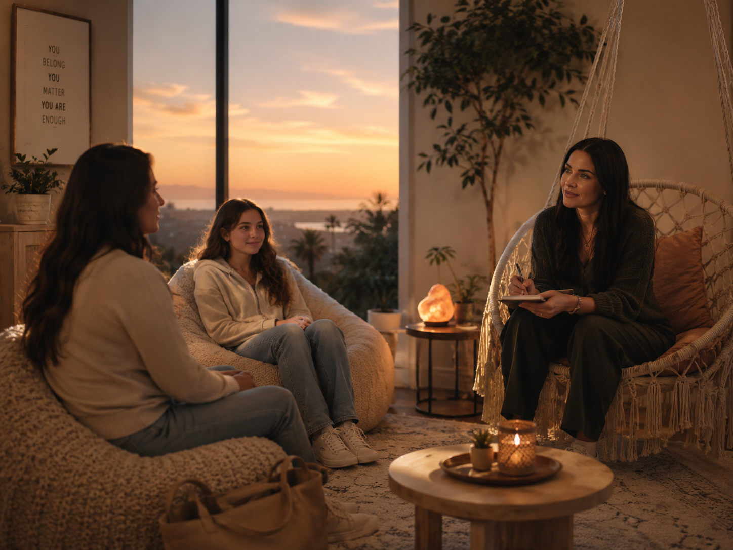 Three women and a girl sit in a cozy living room with a large window showing a sunset view of a city and water. One woman is taking notes on a notepad, while the other two women and girl listen attentively. The room is decorated with lamps, plants, and indoor furniture, creating a warm atmosphere.