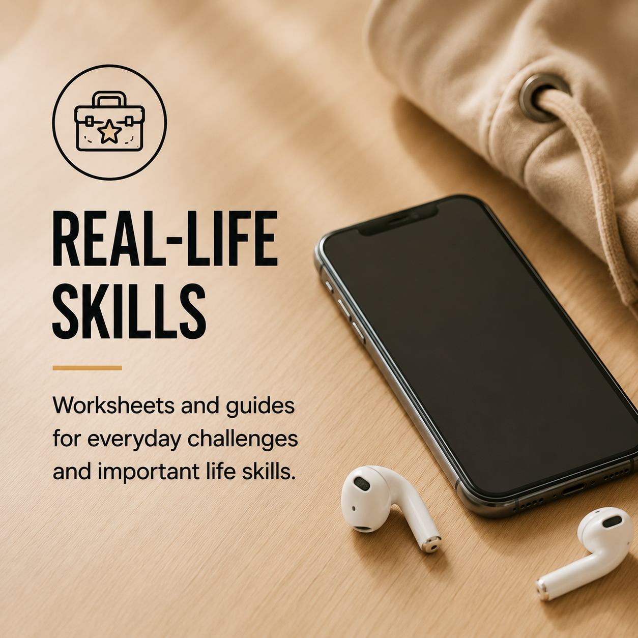 A flat lay of a smartphone, wireless earbuds, and a beige hoodie on a wooden surface, with overlay text that reads 'Real-Life Skills: Worksheets and guides for everyday challenges and important life skills' and an icon of a briefcase with a star.