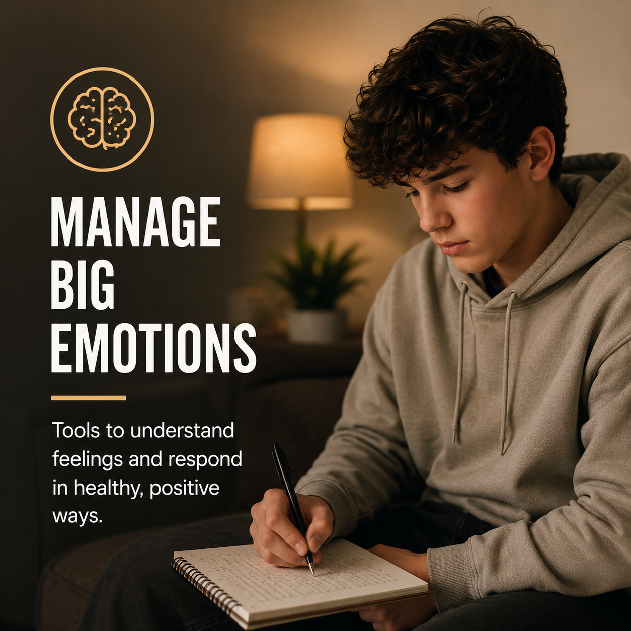 A young man with curly hair, wearing a gray hoodie, is sitting on a couch and writing in a notebook. In the background, there is a lamp and a potted plant. The overlay text promotes managing big emotions and understanding feelings.