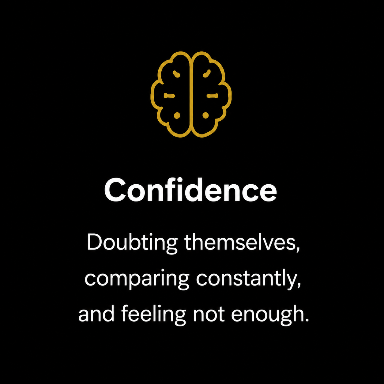 A black background with a yellow outline of a brain icon at the top, followed by the word "Confidence" in bold white text. Below that, a definition reads: "Doubting themselves, comparing constantly, and feeling not enough."