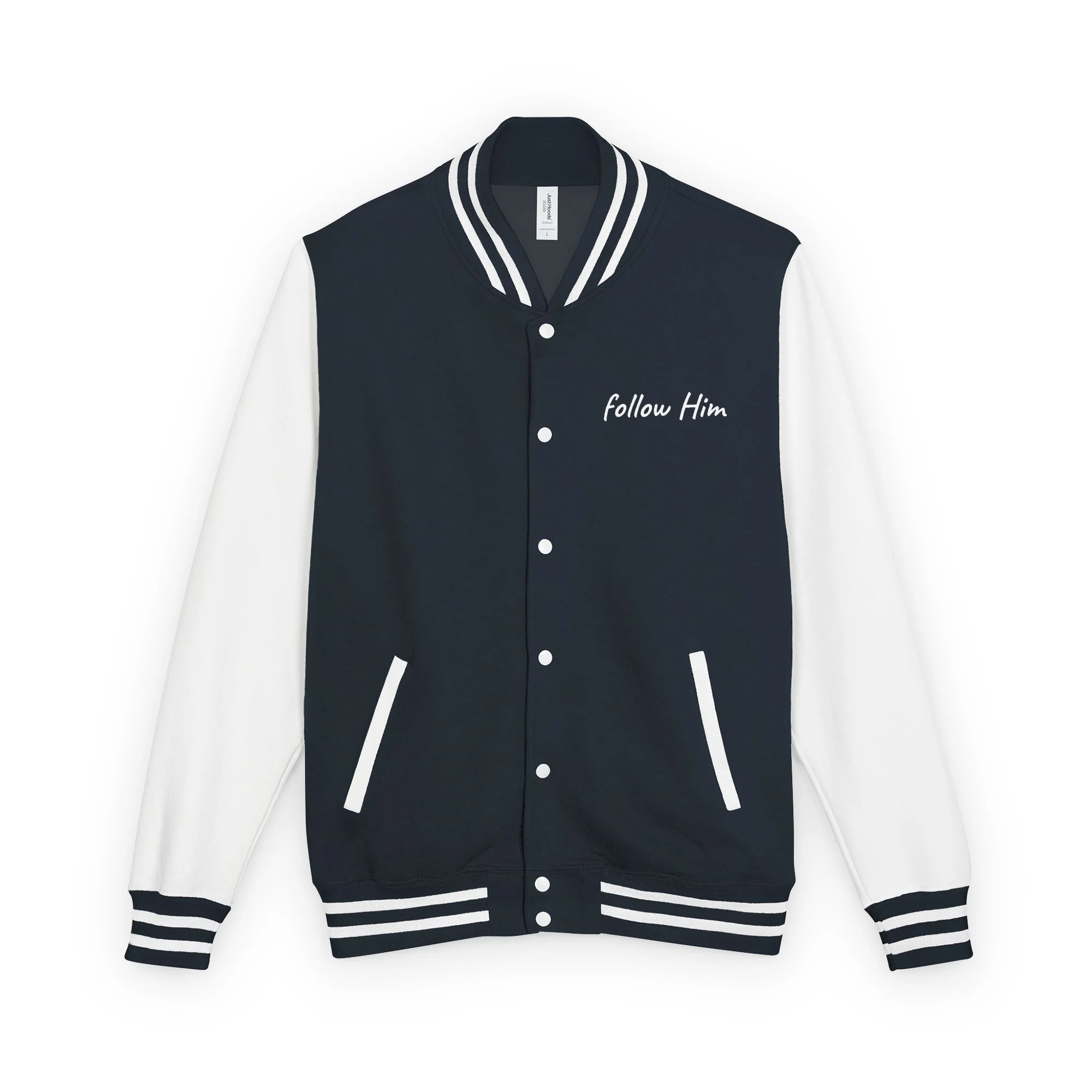 "follow Him" Heavyweight Navy and White Varsity jacket