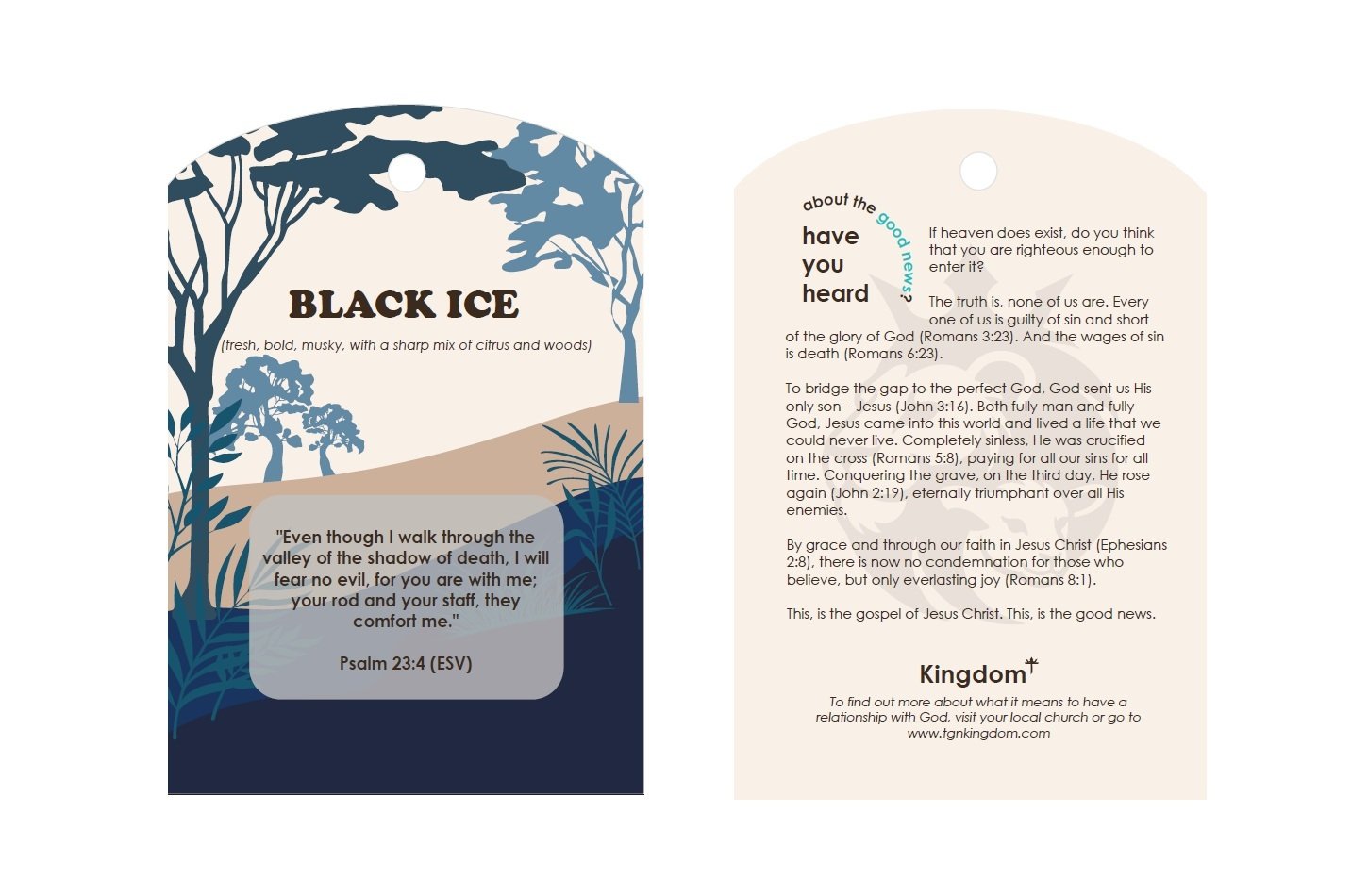 A air freshener featuring the title 'Black Ice' with a quote from Psalm 23:4, and a Bible discussion on the back about the gospel of Jesus Christ.