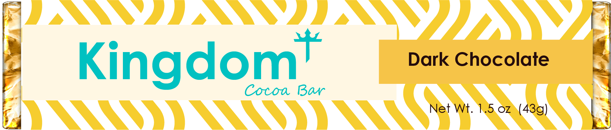 The image shows packaging of a dark chocolate cocoa bar named "Kingdom Cocoa Bar" with a net weight of 1.5 ounces (43 grams). The packaging features a gold and white geometric pattern with a turquoise and brown label.