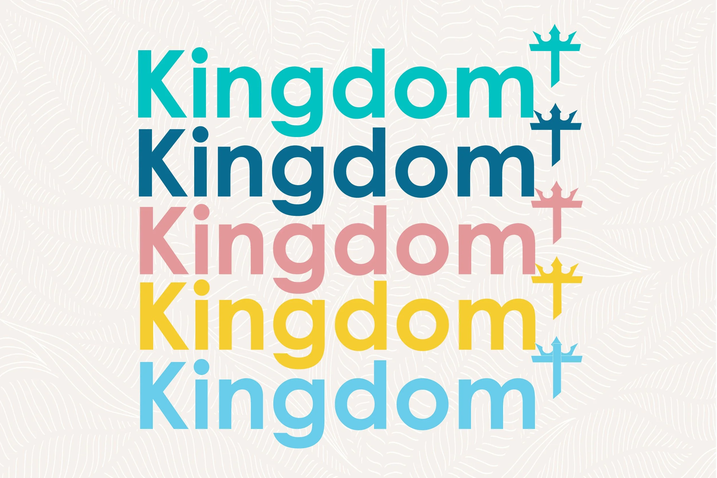 Repeated colorful text saying 'Kingdom' in big letters with crown icons above some letters on a light background.