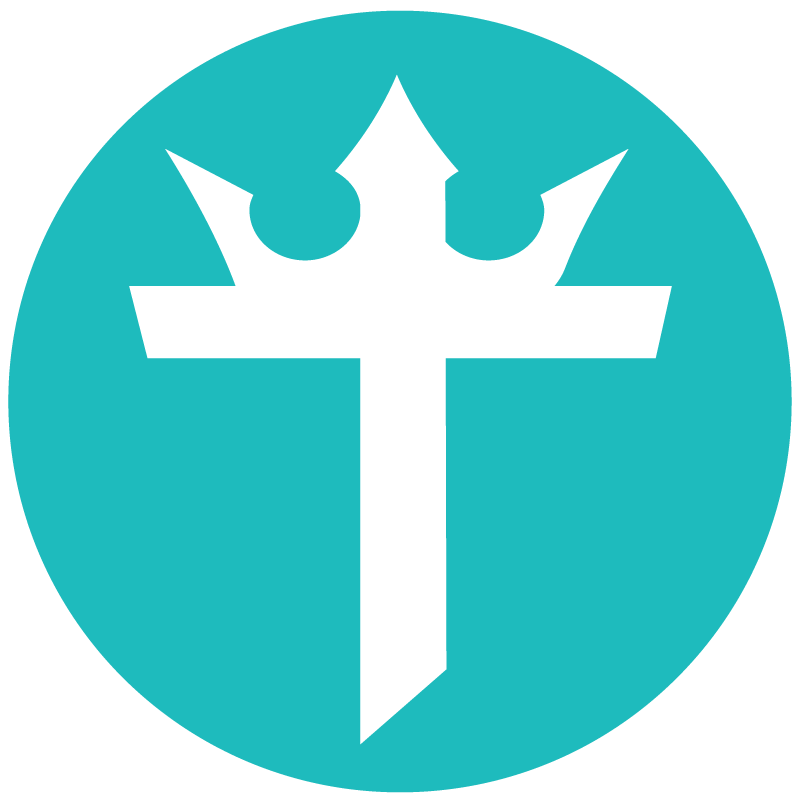 A stylized white cross with flames or crown-like elements on top, set against a teal circular background.