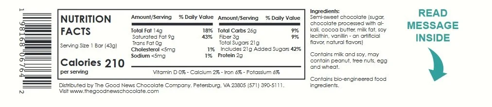 Nutrition facts label on a chocolate bar showing 210 calories, 14g total fat, 9g saturated fat, 0g trans fat, 26g total carbs, 3g fiber, 21g sugars, 2g protein, calcium 2%, iron 6%, potassium 6%. The ingredients include semi-sweet chocolate, soy, and milk. There is a blue callout that says 'READ MESSAGE INSIDE' with an arrow pointing to the right.