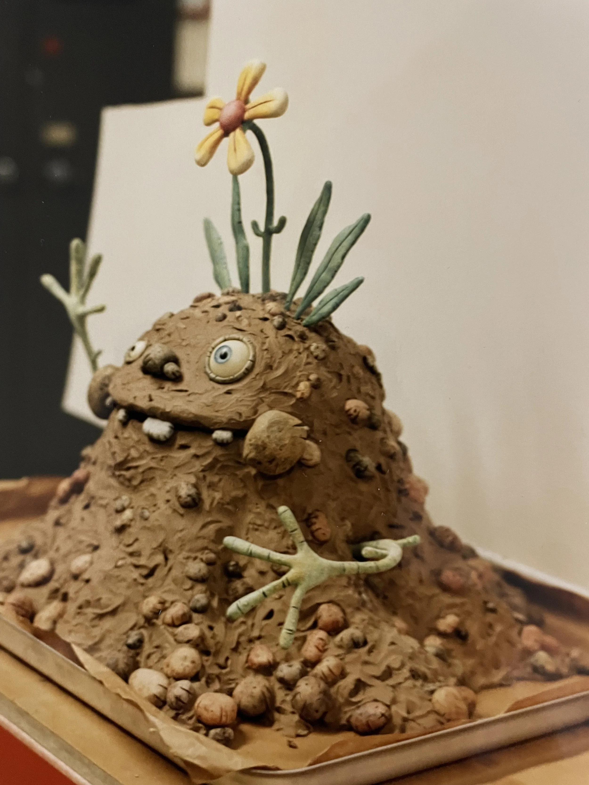 This puppet of the character 'Soil' was made almost entirely from plasticine. The puppet designs were by Lewis ? and they were for a film for World Wildlife Fund, shown in America