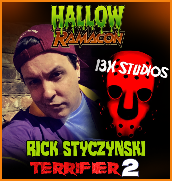 Promotional image featuring a young man with dark hair wearing a maroon cap backwards, dressed in purple and blue, with a brick wall background. Text includes 'Hallow Ramacon,' '13K Studios,' 'Rick Styczynski,' and 'Terrifier 2,' with a stylized red mask with black holes and spots.