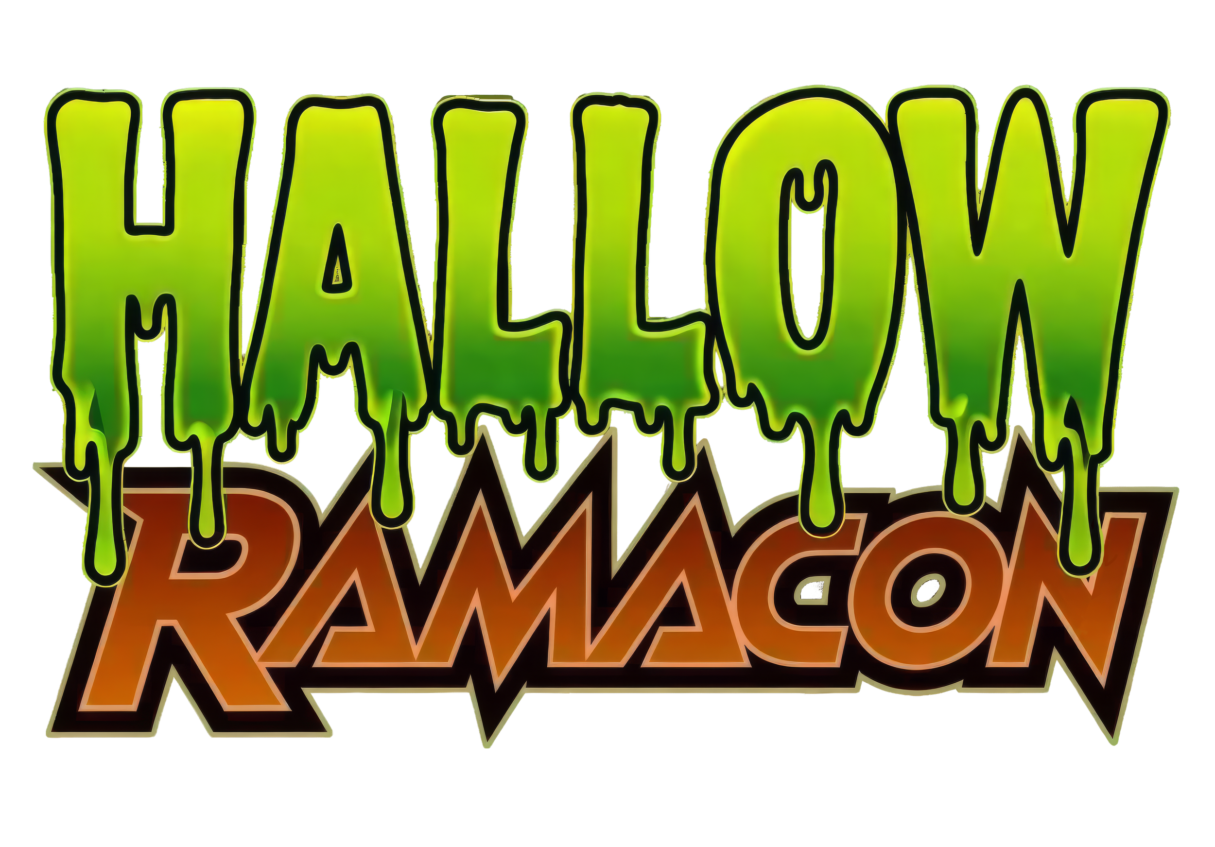 A neon sign with the text 'Halloween' in green and orange, styled with a spooky, drippy design.