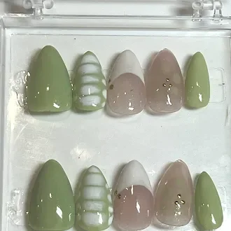 Green Blooming Gel Nails With Gold Chrome