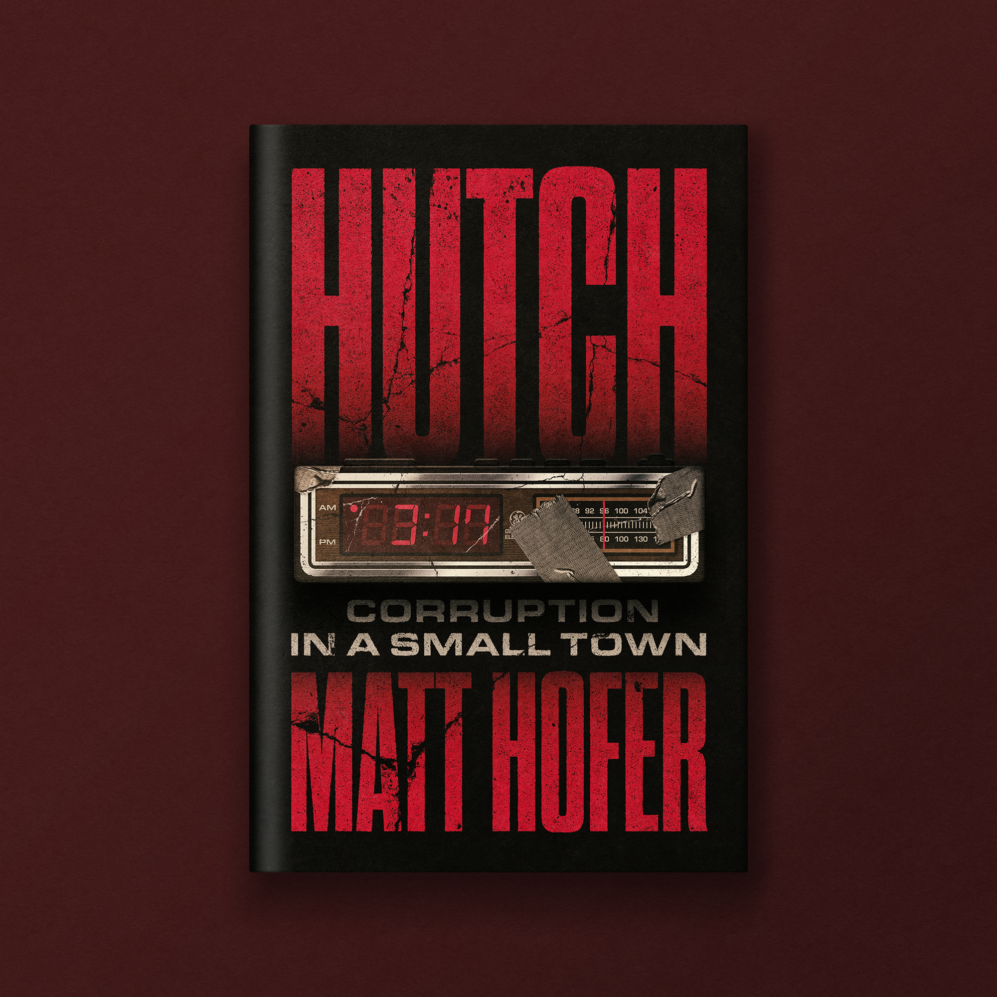 A sign with red text on a black background, displaying the words 'HITOKI' and a warning message about corruption and violence in a small town, with a radar radio device below the sign.