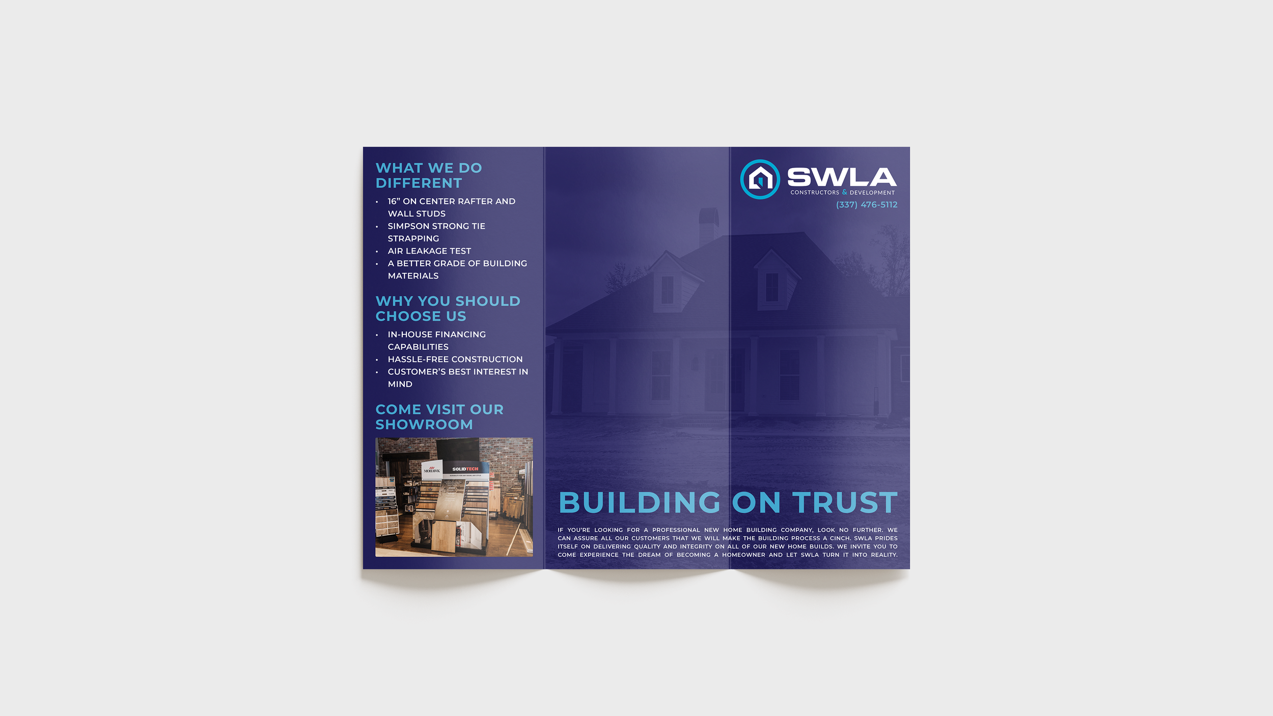 Brochure for SWLA Builders featuring company information, services, and contact details with background image of a house.