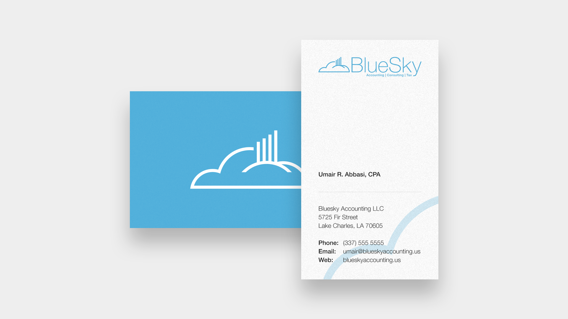 Business card for BlueSky Accounting featuring a cloud and sun logo, with contact details for Umair R. Abbasi, CPA, based in Lake Charles, LA.