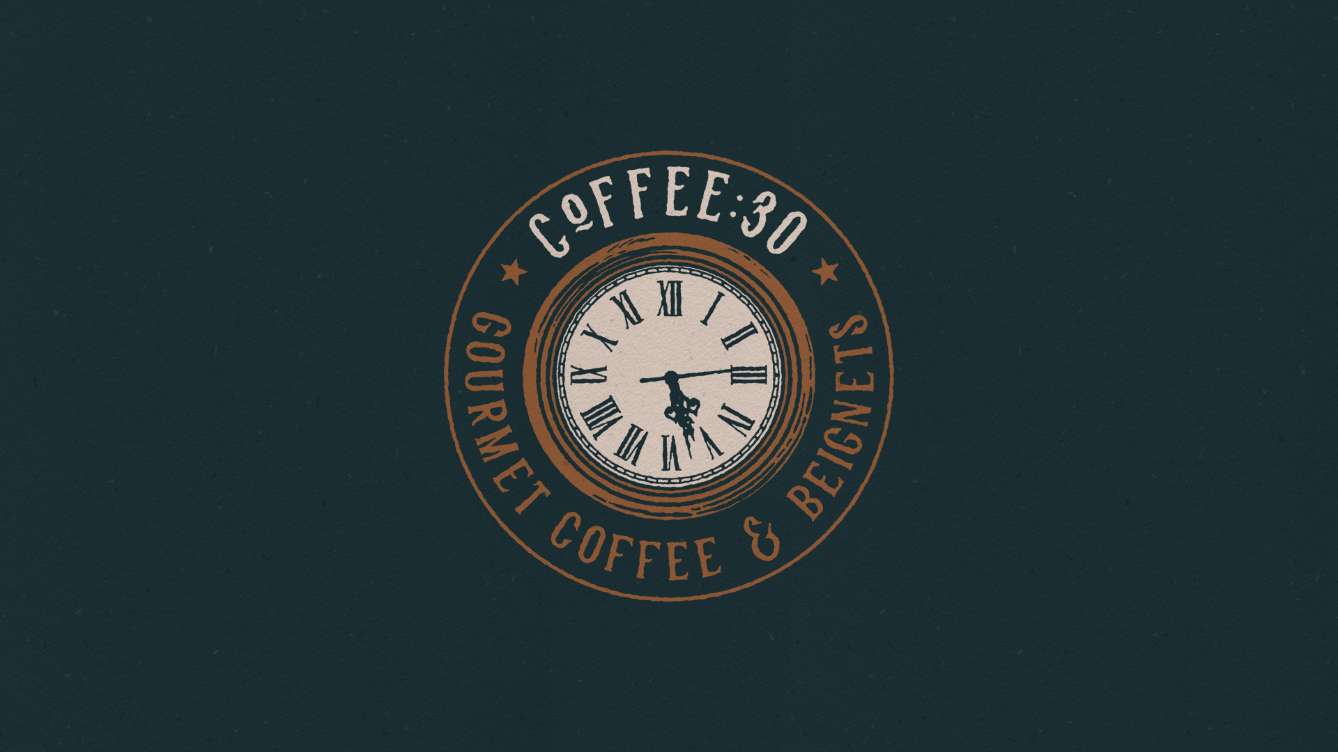 Logo for Coffee 30 featuring a clock with Roman numerals in the center, surrounded by text reading 'Coffee 30, Gourmet Coffee & Beverages'