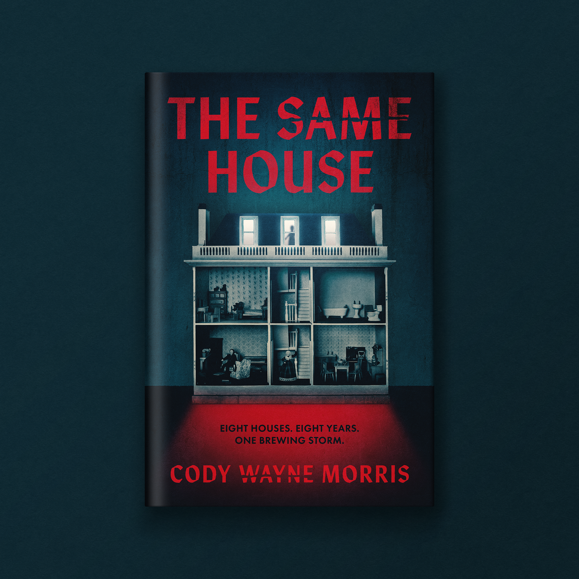 Book cover for "The Same House" by Cody Wayne Morris. The cover features an illustration of a house inside a dollhouse, with the title in bold red letters at the top and author name at the bottom.