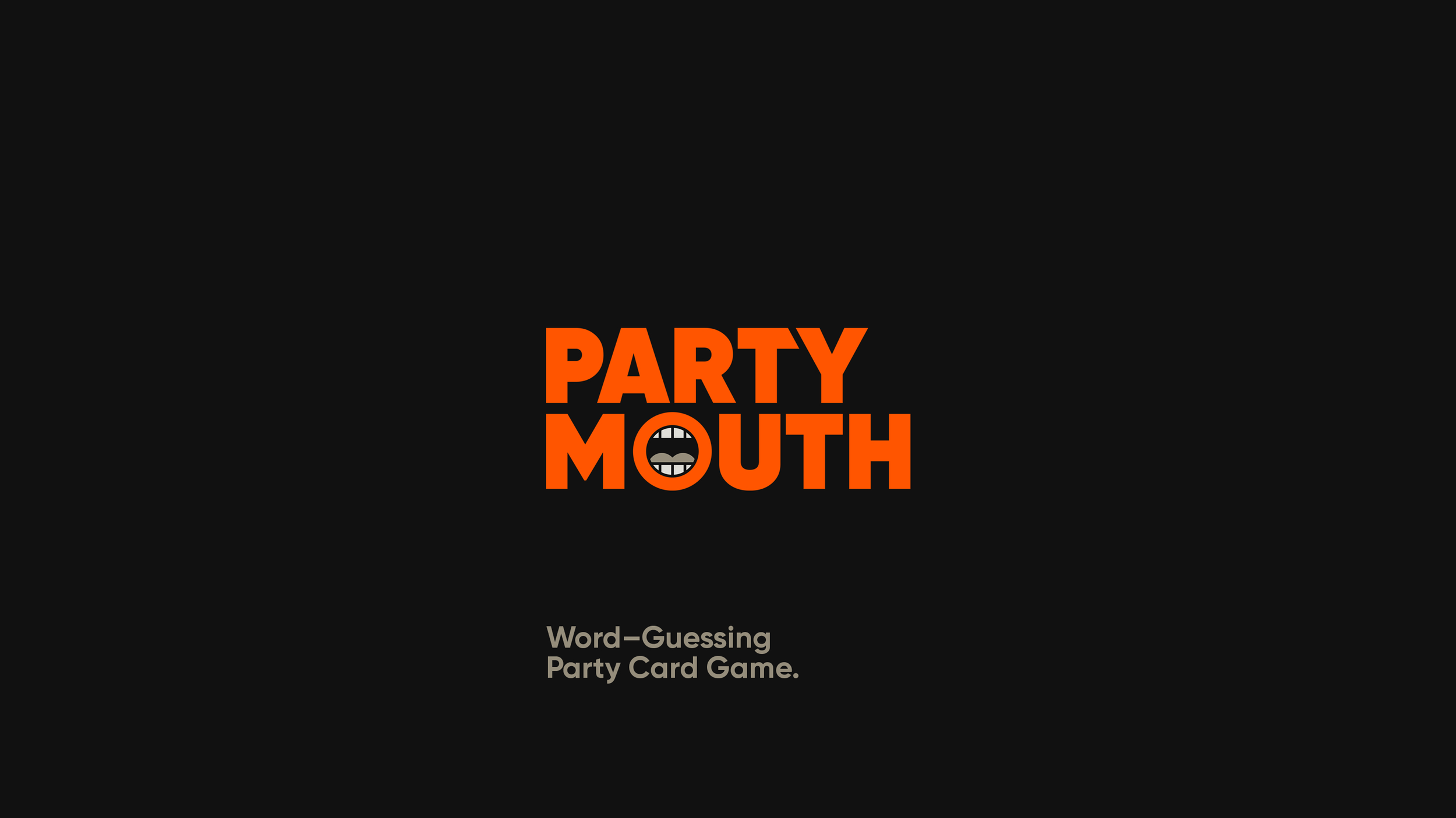 The cover of a word-guessing party card game called "Party Mouth," with the title in bold orange letters, and a speech bubble with a mouth inside replacing the letter "O" in the word "MOUTH."