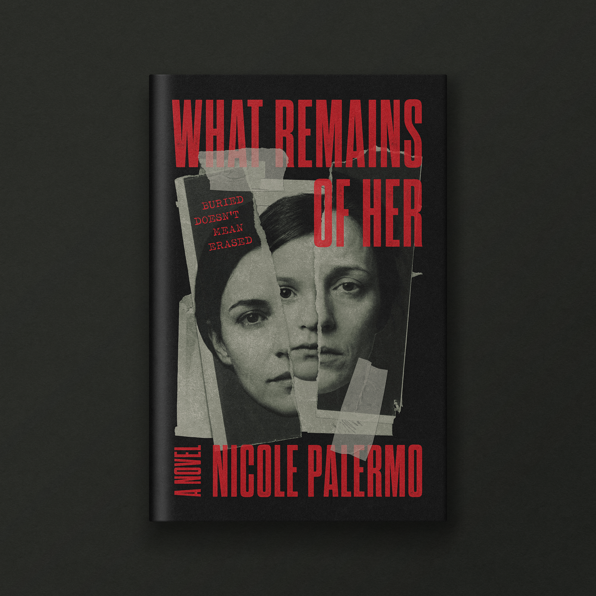 book cover titled 'What Remains of Her' by Nicole Paefomo, with a black and white portrait of a woman and torn paper elements.
