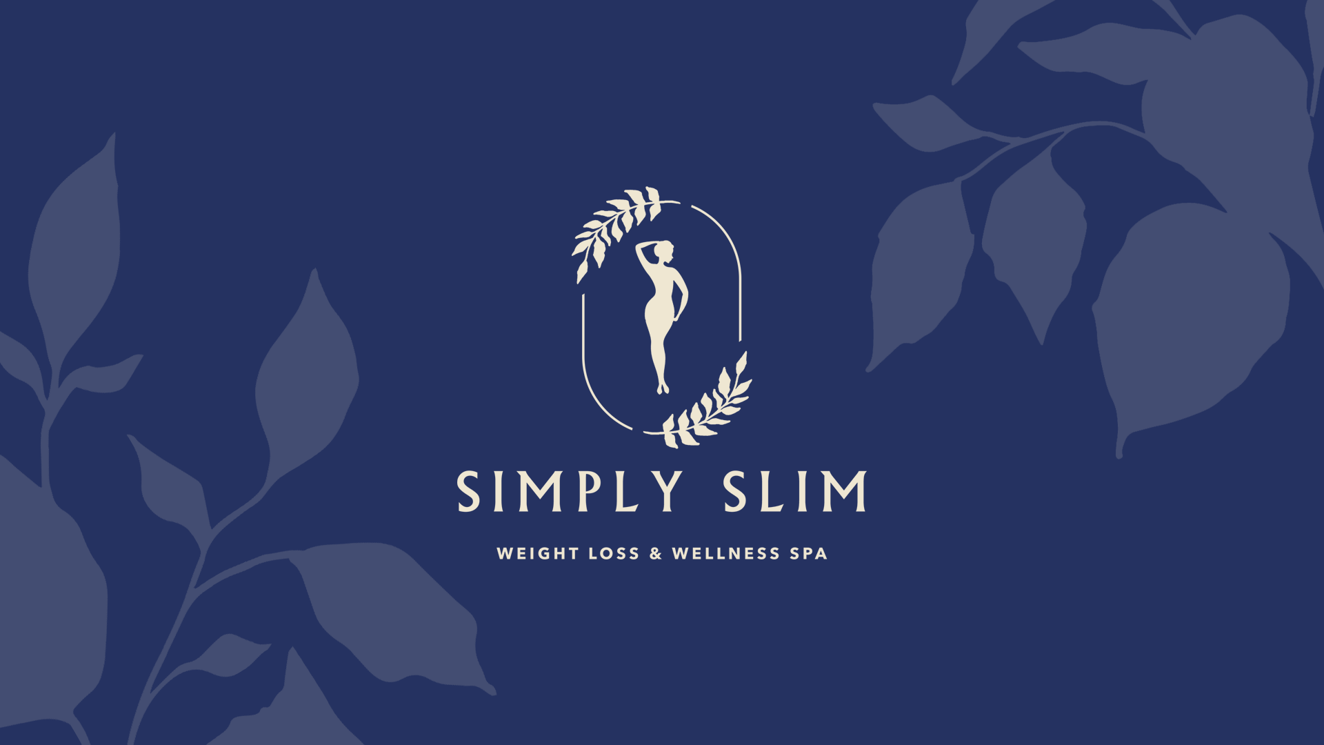Blue promotional banner for Simply Slim, a weight loss and wellness spa, featuring a silhouette of a woman surrounded by laurel leaves and decorative leafy patterns.
