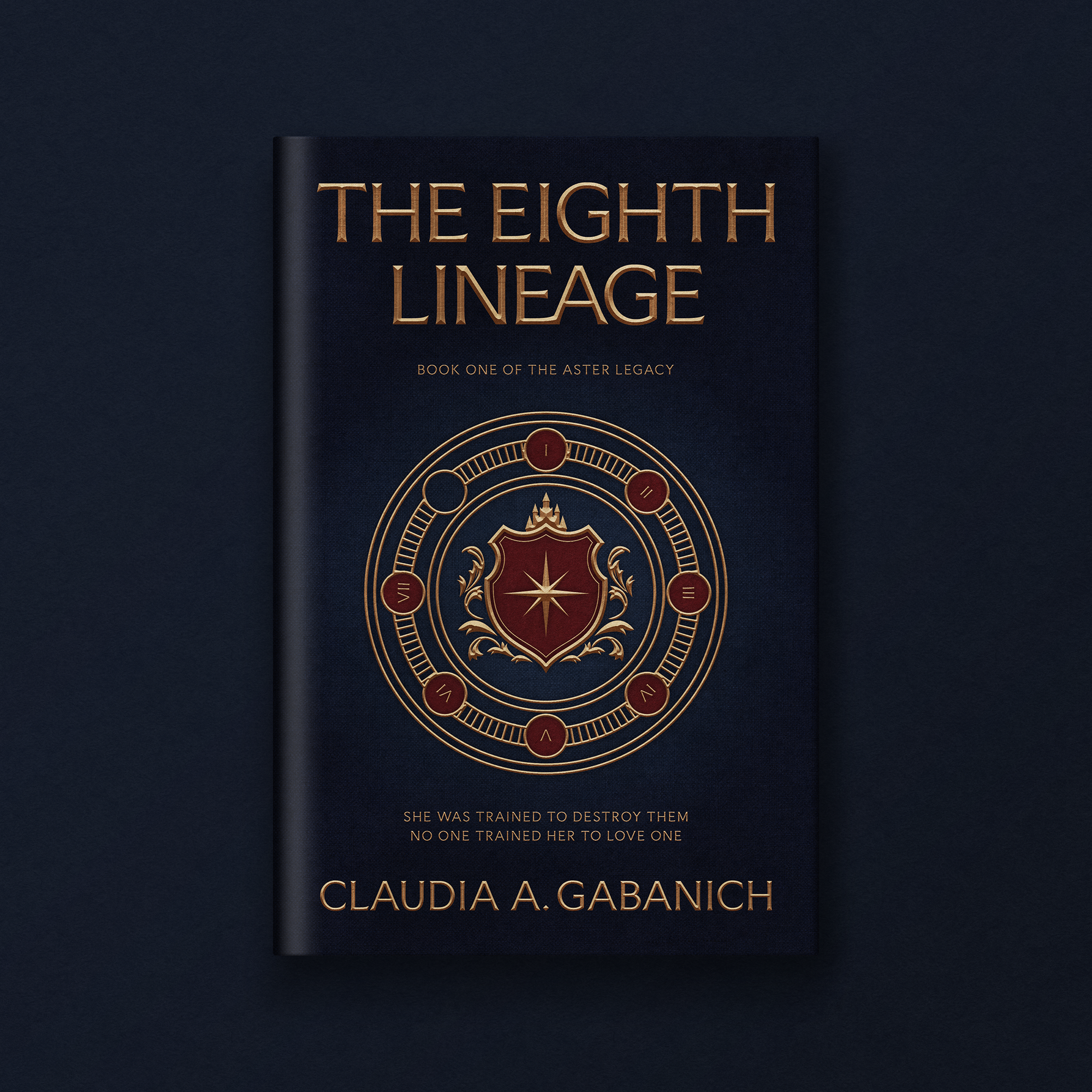 Book cover titled "The Eighth Lineage" by Claudia A. Gabanch, featuring a dark background with gold foil embossed text and a decorative circular emblem.