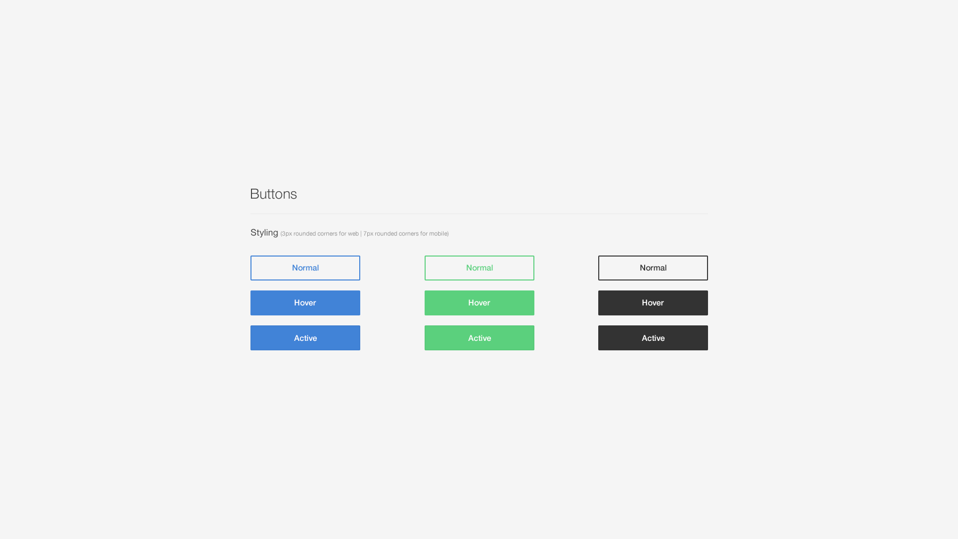 Screenshot of a web page displaying different styles of buttons labeled Normal, Hover, and Active in blue, green, and black colors respectively, with options for rounded corners for web and mobile.
