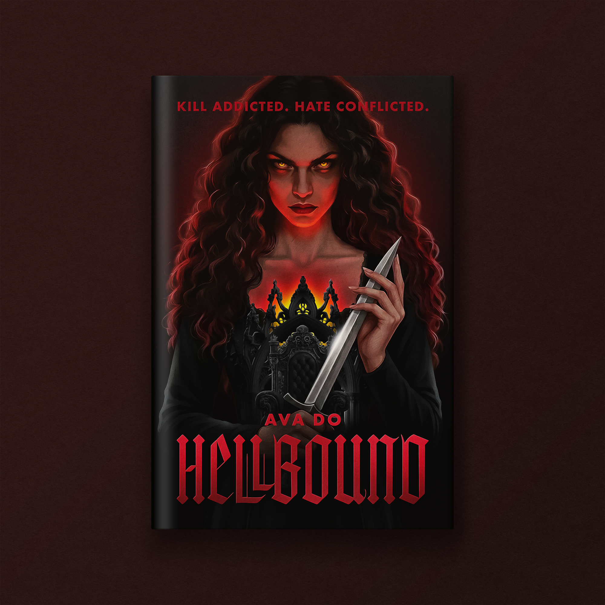 A digital illustration of a woman with curly hair, glowing yellow eyes, and red markings on her face, holding a knife. The background is dark with some red lighting, and the text reads, 'KILL ADDICTED. HATE CONFLICTED.' and 'AVA DO' at the bottom.