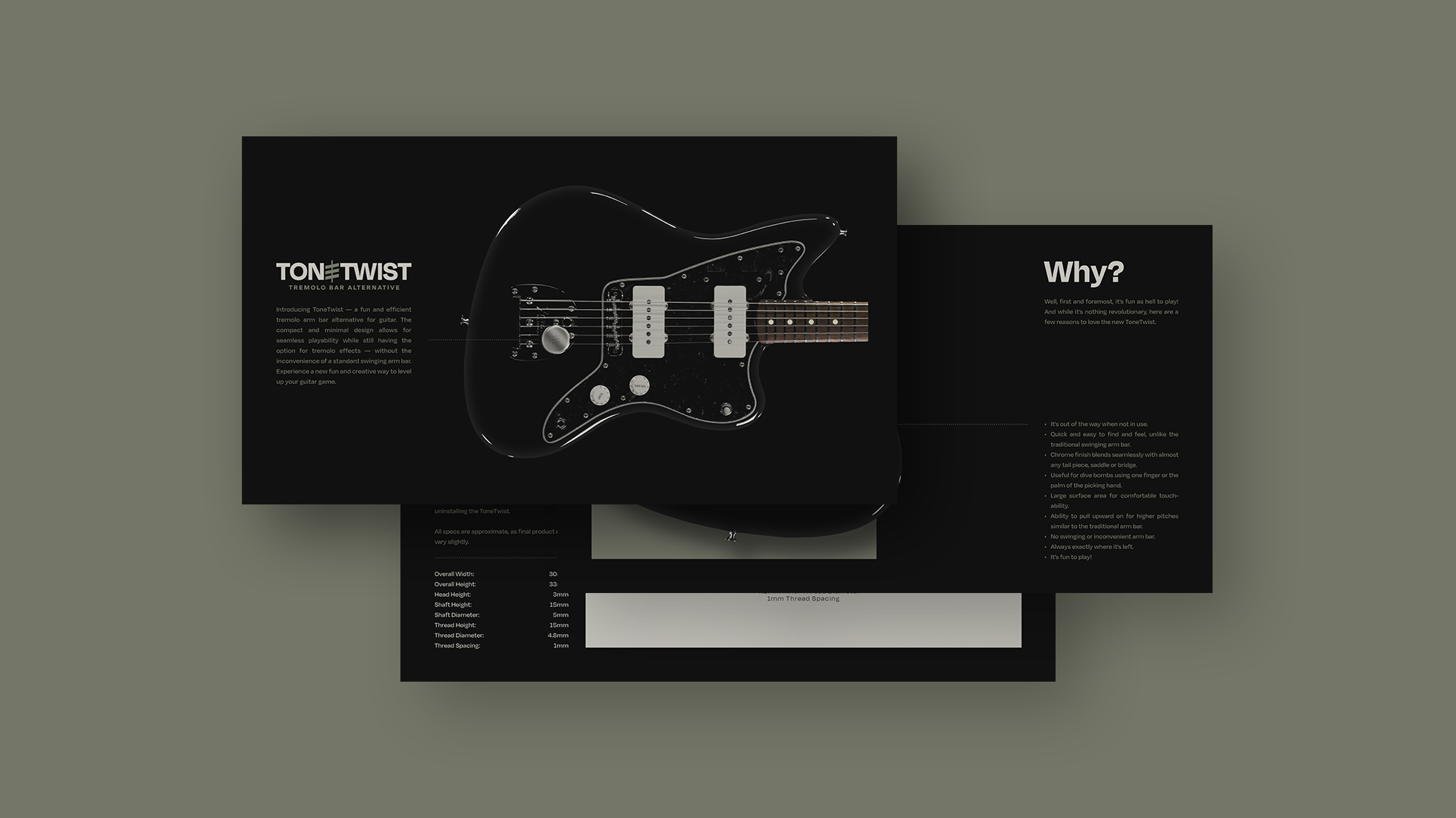 Black electric guitar with white pickups and controls, displayed on a website page with text explaining its features.