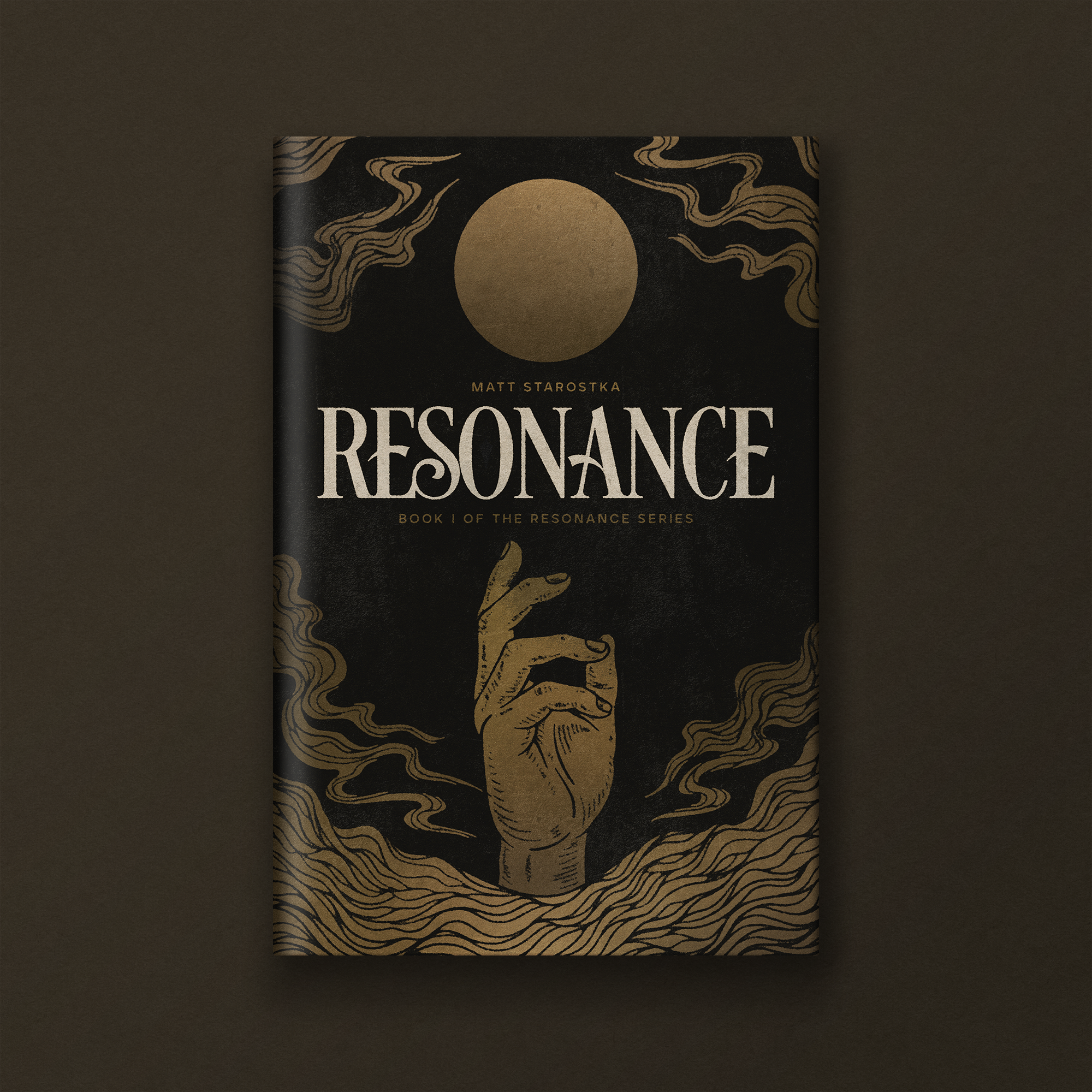 Book cover titled 'Resonance' by Matt Starostka, featuring a black background with gold abstract line art and a gold circle in the center.