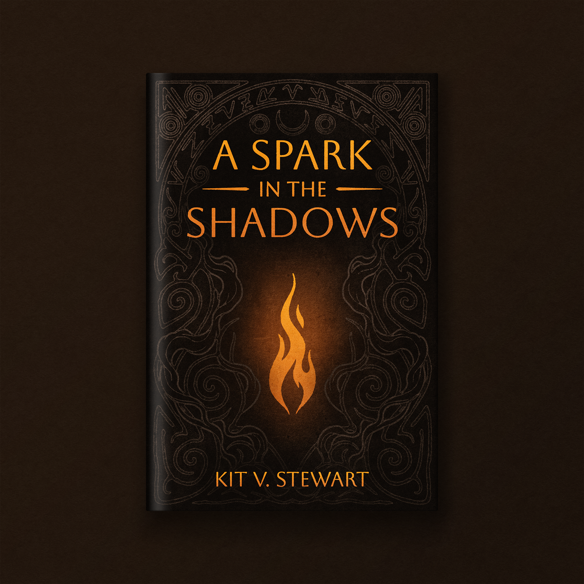 Book cover titled "A Spark in the Shadows" by Kit V. Stewart, with intricate designs and a flame illustration.