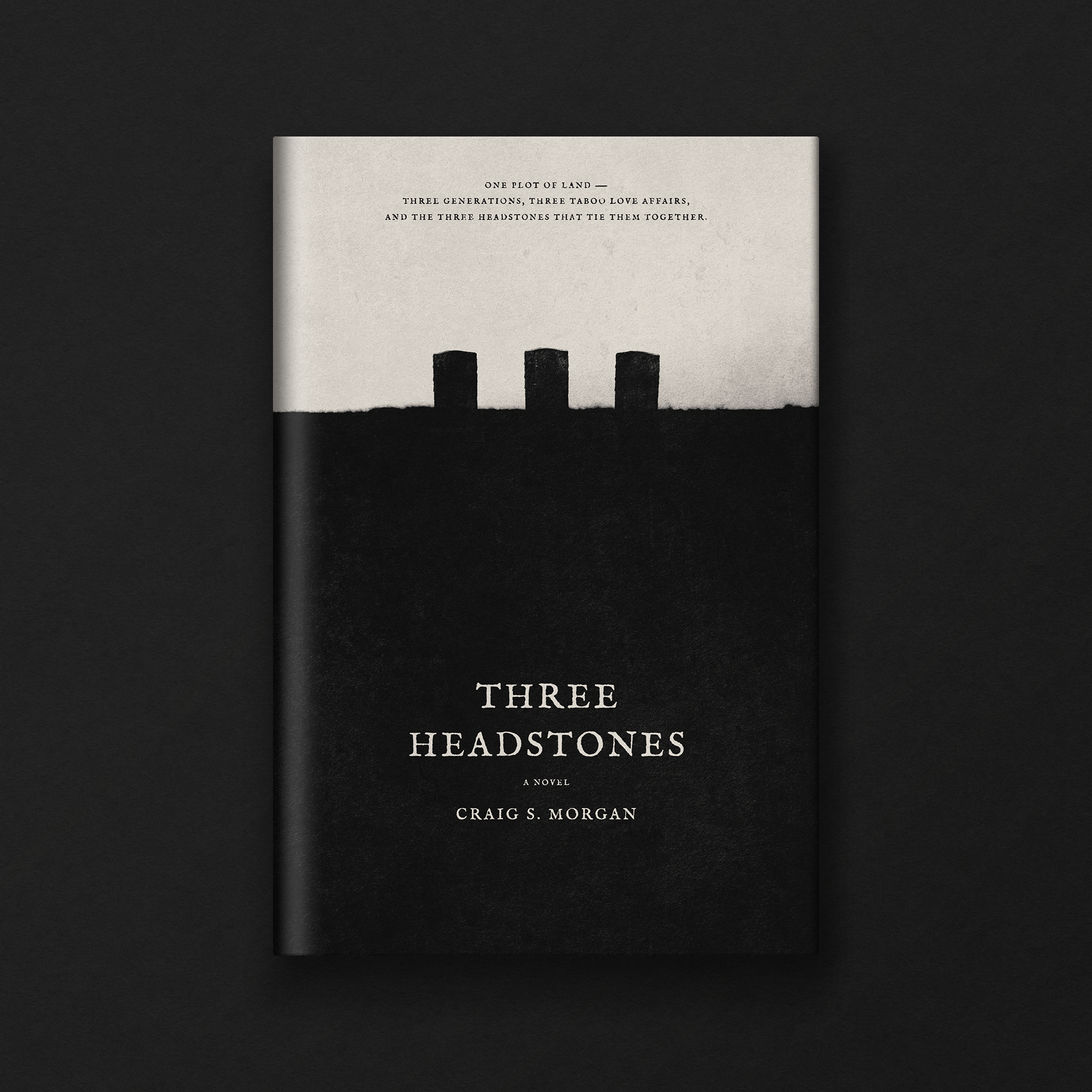 Cover of the novel "Three Headstones" by Craig S. Morgan with a black background, a minimalist black and white illustration of three headstones, and the title and author's name in white text.