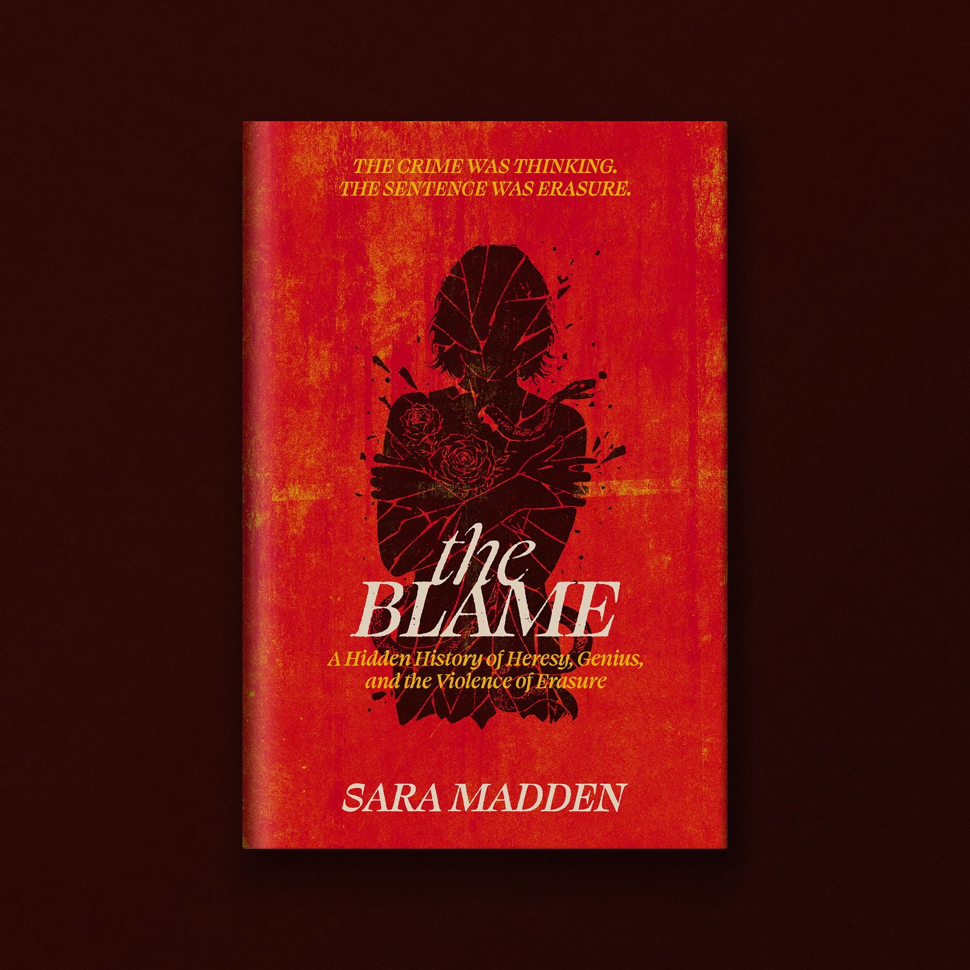 The cover of a book titled 'The Black Flame' with a subtitle 'A Hidden History of Heresy, Genius, and the Violence of Erasure' by Sara Madden. The cover features a silhouette of a woman with a cracked head, holding a rose, in black against a red back