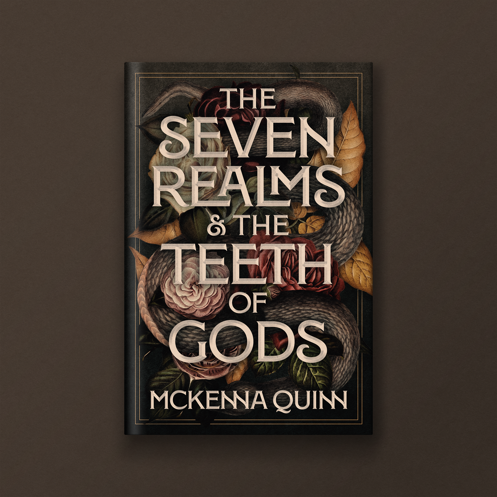 Book cover titled 'The Seven Demons & the Elect of God's' by McKenna Quinn, featuring dark artistic illustrations of a snake, flowers, and leaves on a black background.
