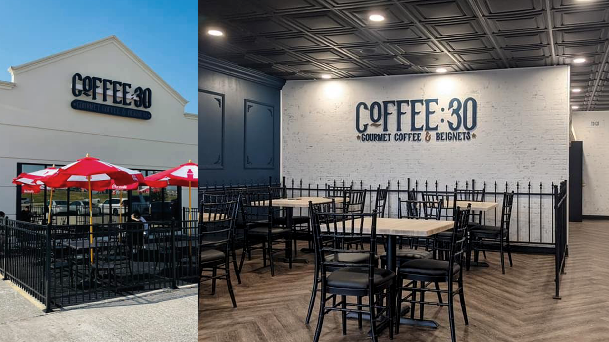 Side view of a building with a sign that reads 'Coffee 30. Gourmet Coffee & Beignets' and outdoor seating with red umbrellas and chairs.