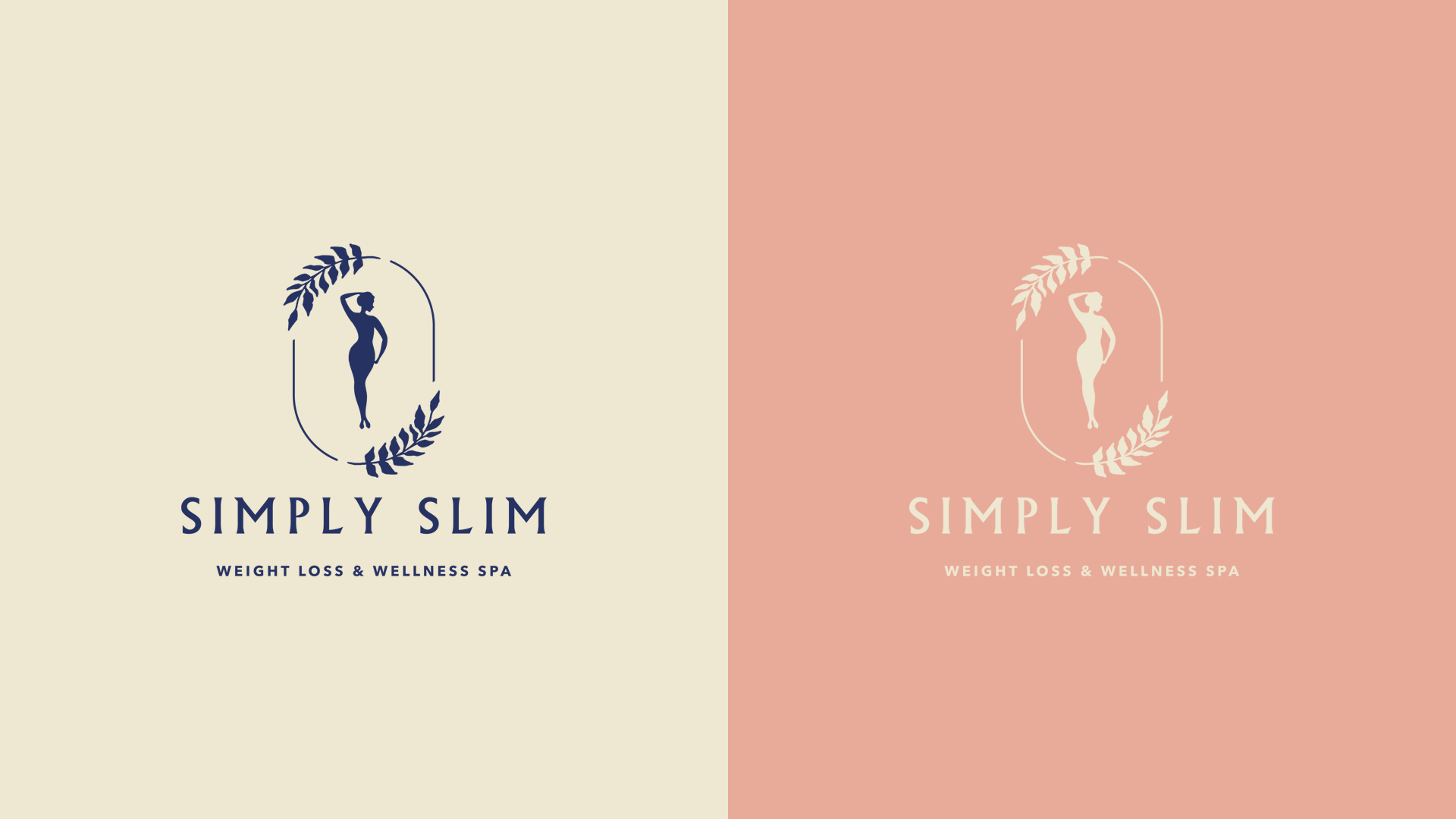 A split background design featuring the logo and name of Simply Slim Weight Loss & Wellness Spa, with one side in light beige and the other in pink. Each side displays a silhouette of a woman with a laurel wreath, and the spa name written below.