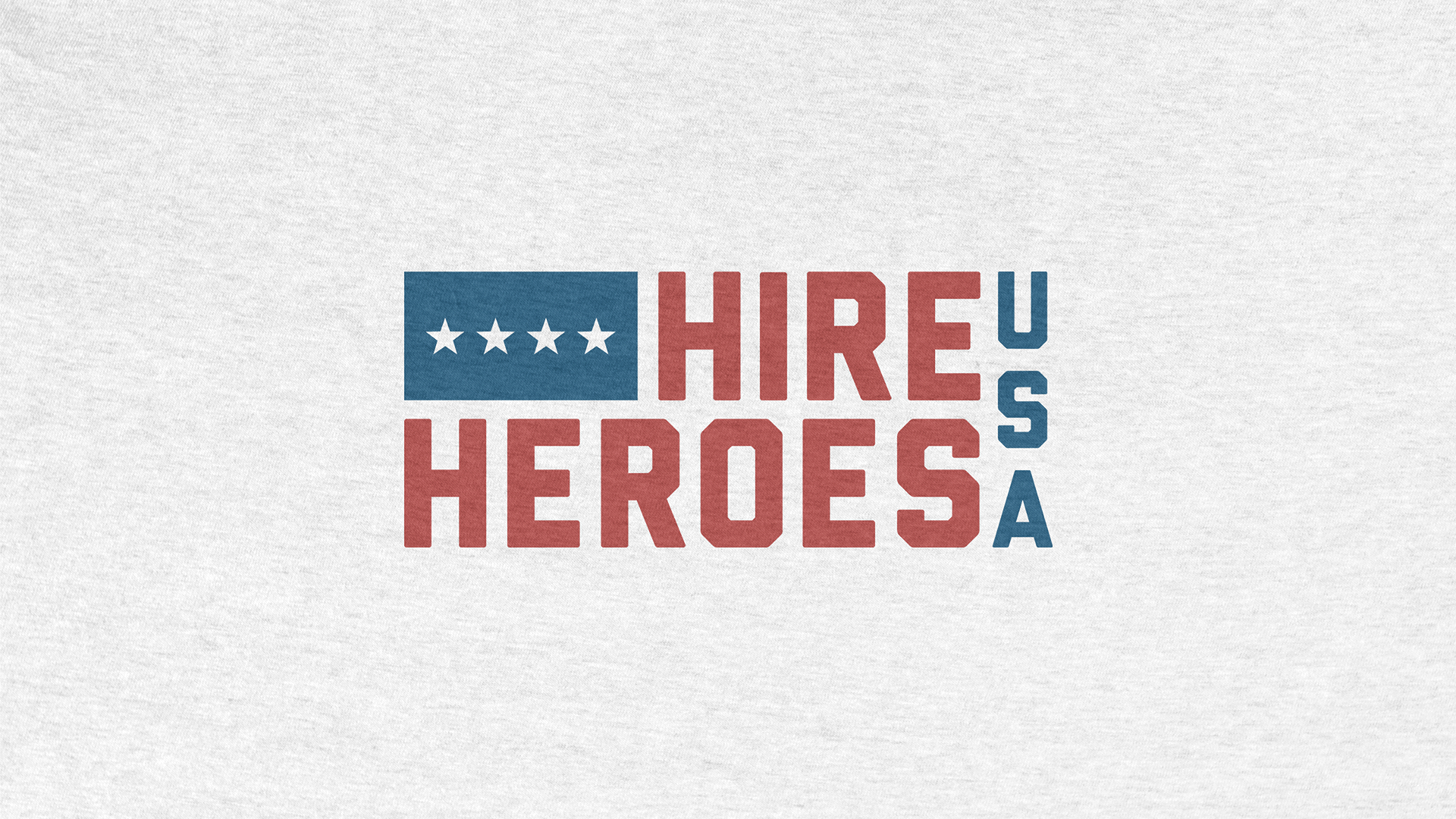 Graphic design with a blue rectangle containing four white stars, and text overlays in red and blue reading "Hire U S A Heroes".