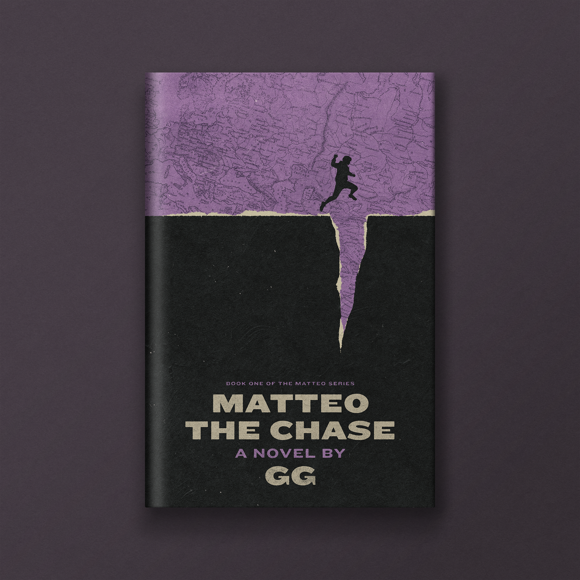 Book cover for 'Matteo and the Chase,' with a purple map background and a silhouetted runner in black.