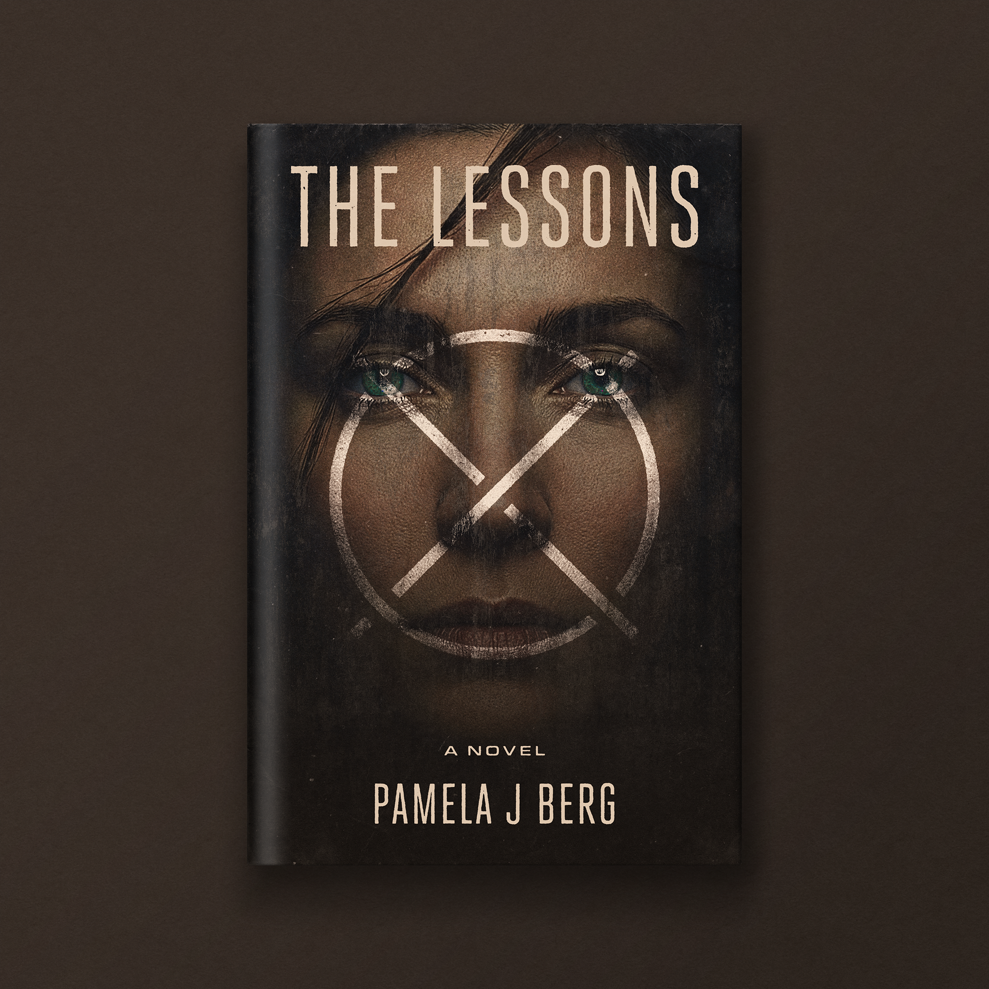 Cover of a novel titled "The Lessons" by Pamela J. Berg, featuring a close-up of a woman's face with striking green eyes, with the title and author's name printed on the cover.
