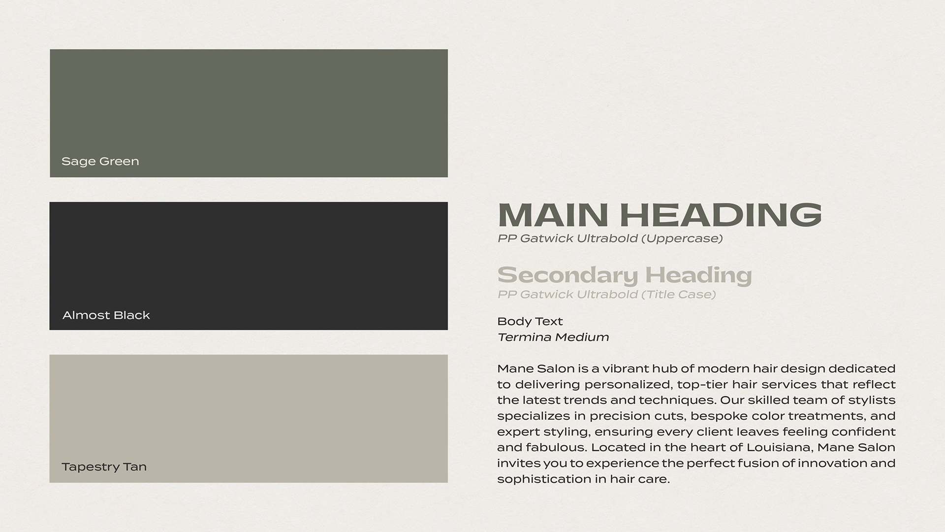 Color palette with swatches labeled Sage Green, Almost Black, Tapestry Tan, and a description of a hair salon's services.