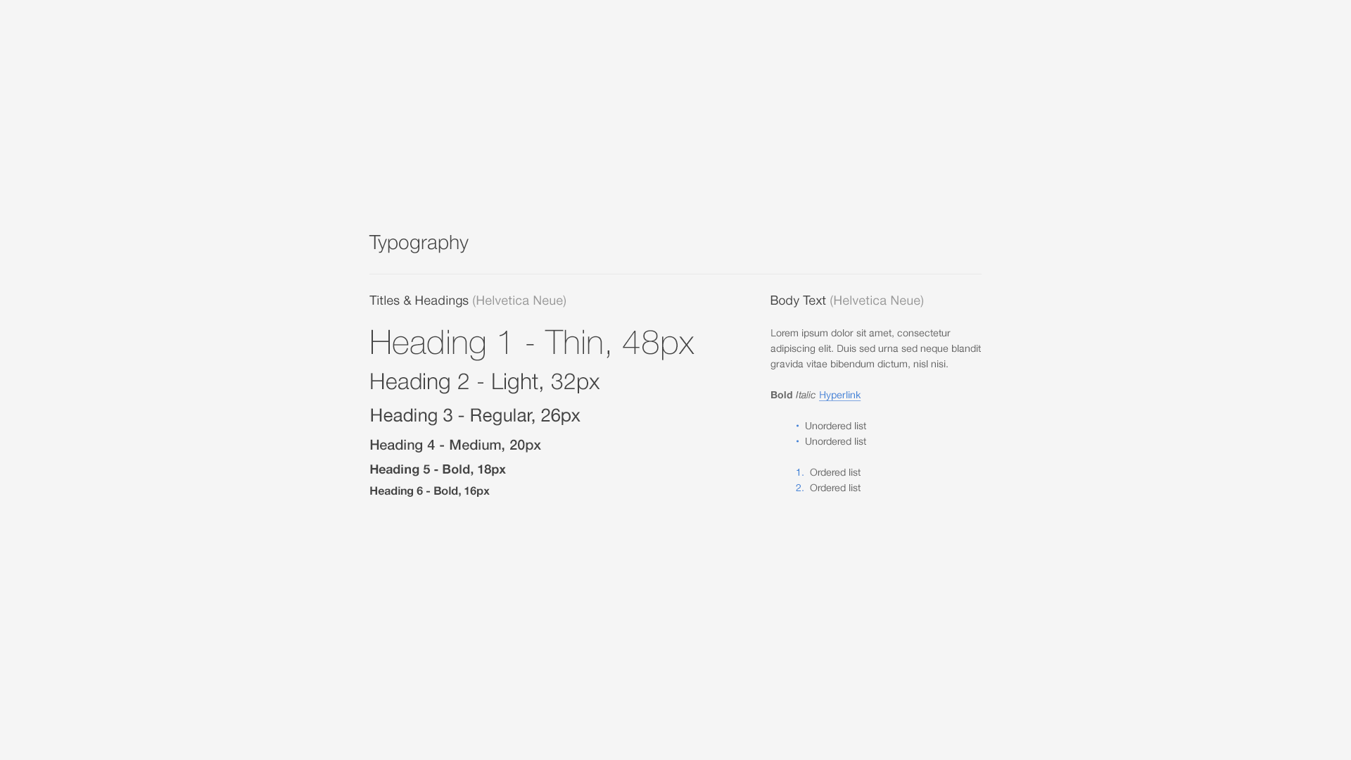 A webpage showing typography styles and examples, including headings in various sizes and weights, and sample body text with bullet and numbered lists.