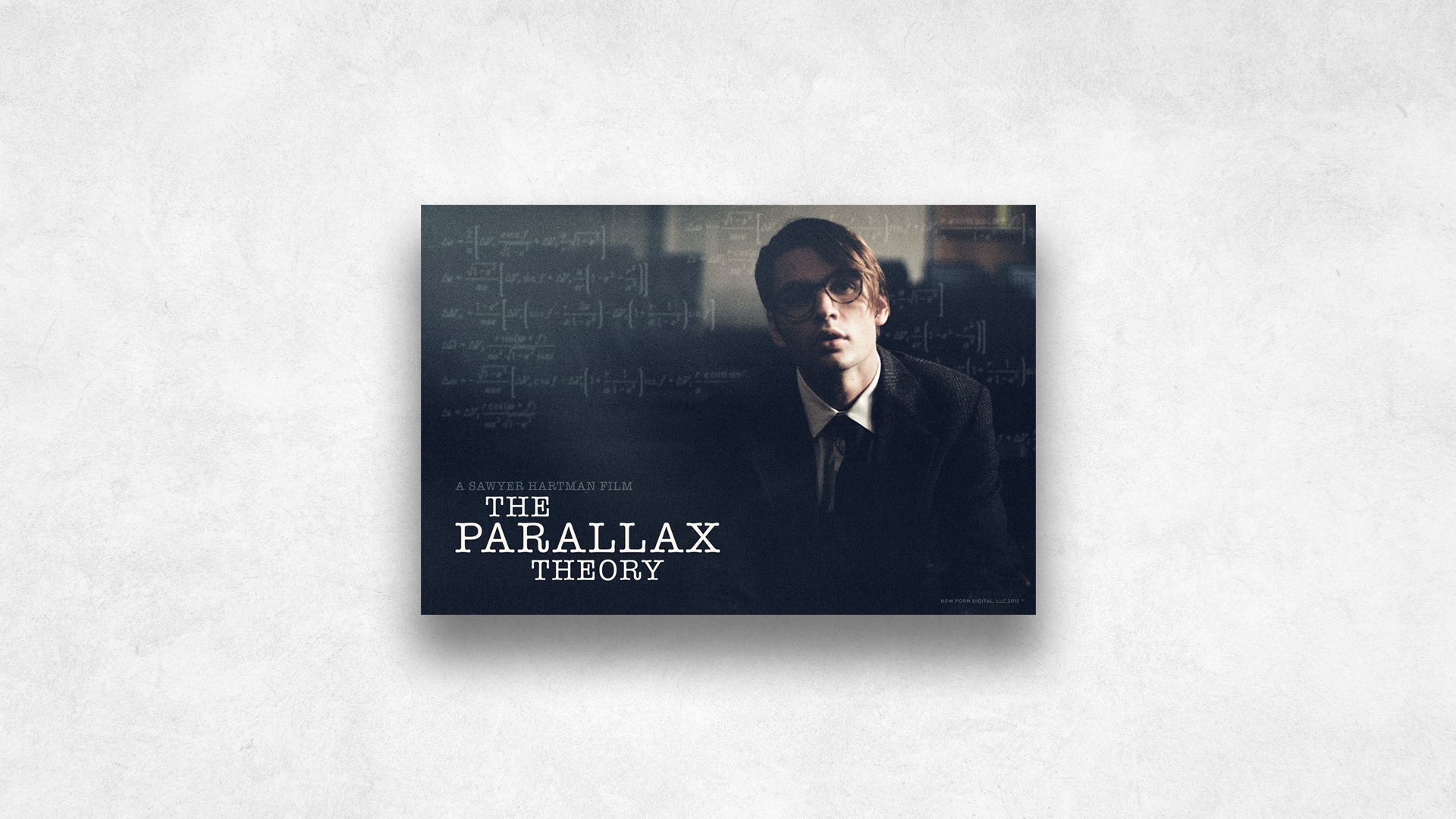 Poster for the movie "The Parallax Theory" featuring a man with glasses looking at the camera in a dimly lit blackboard filled with mathematical equations.