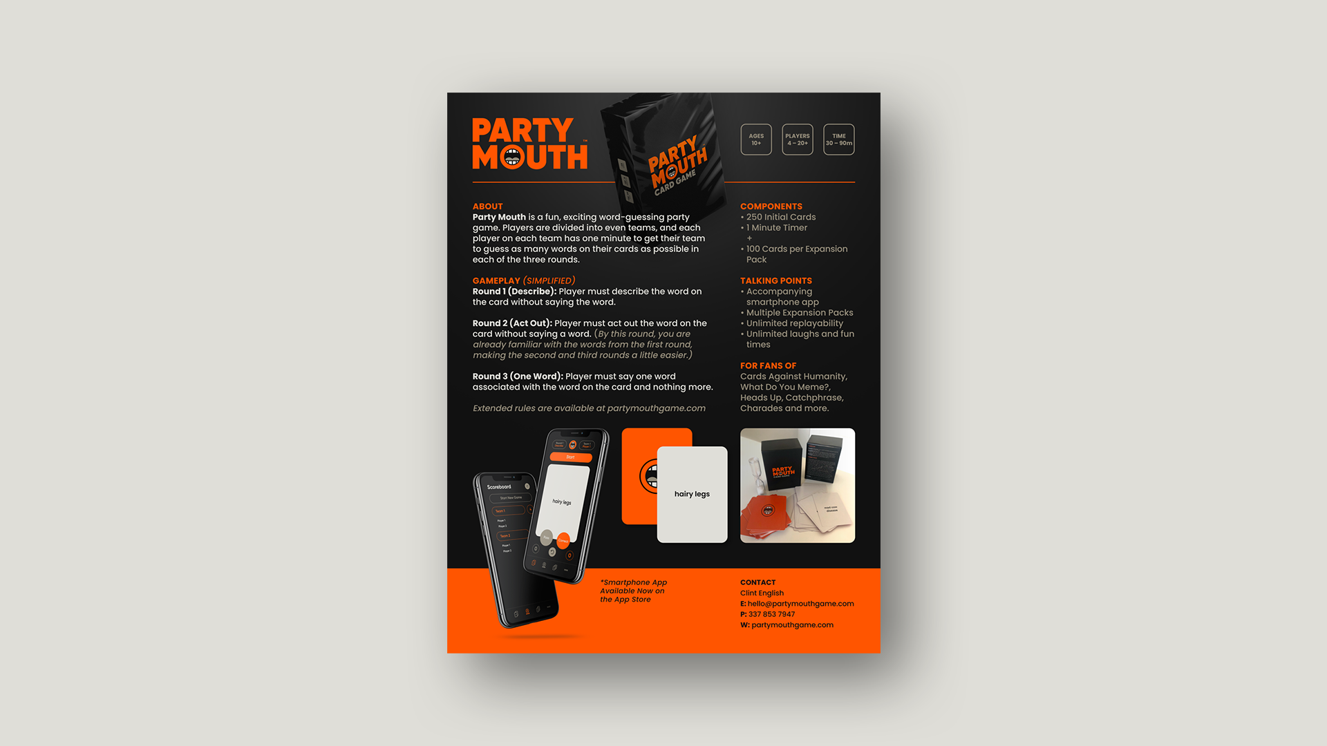 Flyer for Party Mouth card game with black and orange color scheme. Contains game details, components, gameplay instructions, and images of the game and smartphone app.