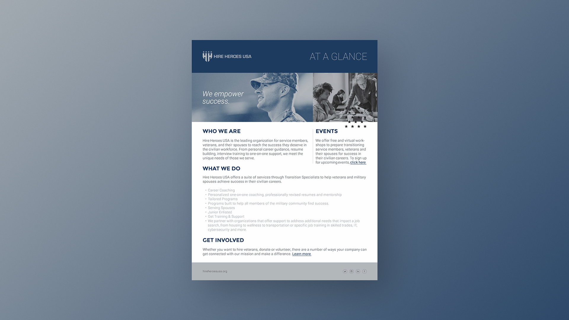 A flyer from Hire Heroes USA with a header, a soldier's profile, and a group of people working at a table, providing information about services and events for veterans and their spouses.