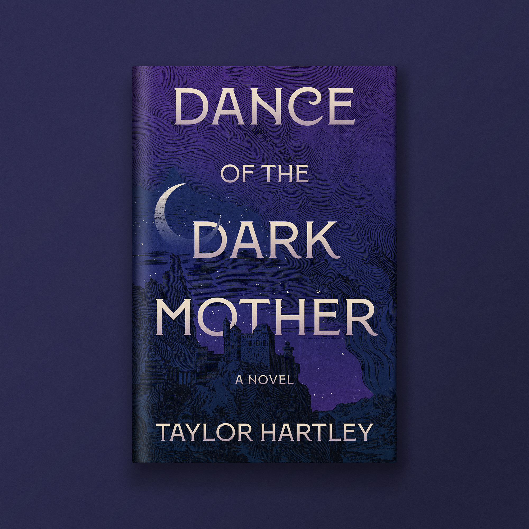 A close-up of a book cover titled "Dance of the Dark" by Taylor Hartley, featuring a dark, mystical city skyline and a crescent moon on a deep blue background.