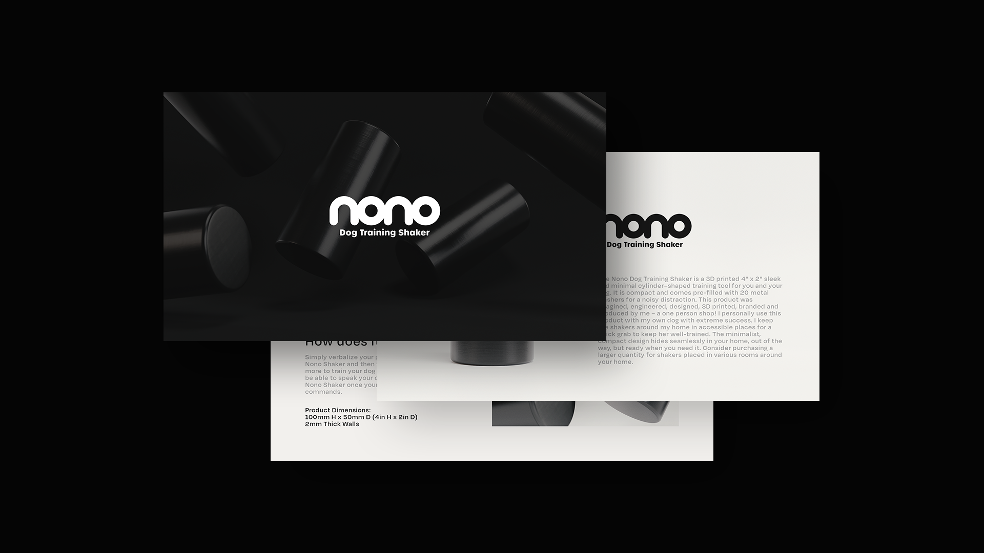Product packaging for Nono Dog Training Shaker, showing a sleek, black, 3D-printed cylinder-shaped training tool with the Nono logo and product description.
