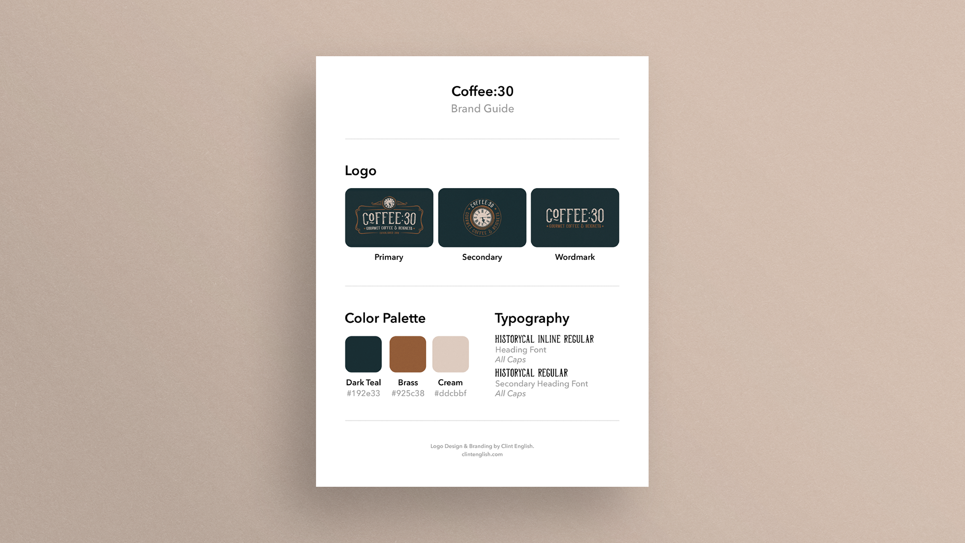 Brand branding guide for Coffee:30, displaying three logo variations labeled Primary, Secondary, and Wordmark, along with color palette swatches of dark teal, brass, and cream, and typography details for header and secondary font styles.