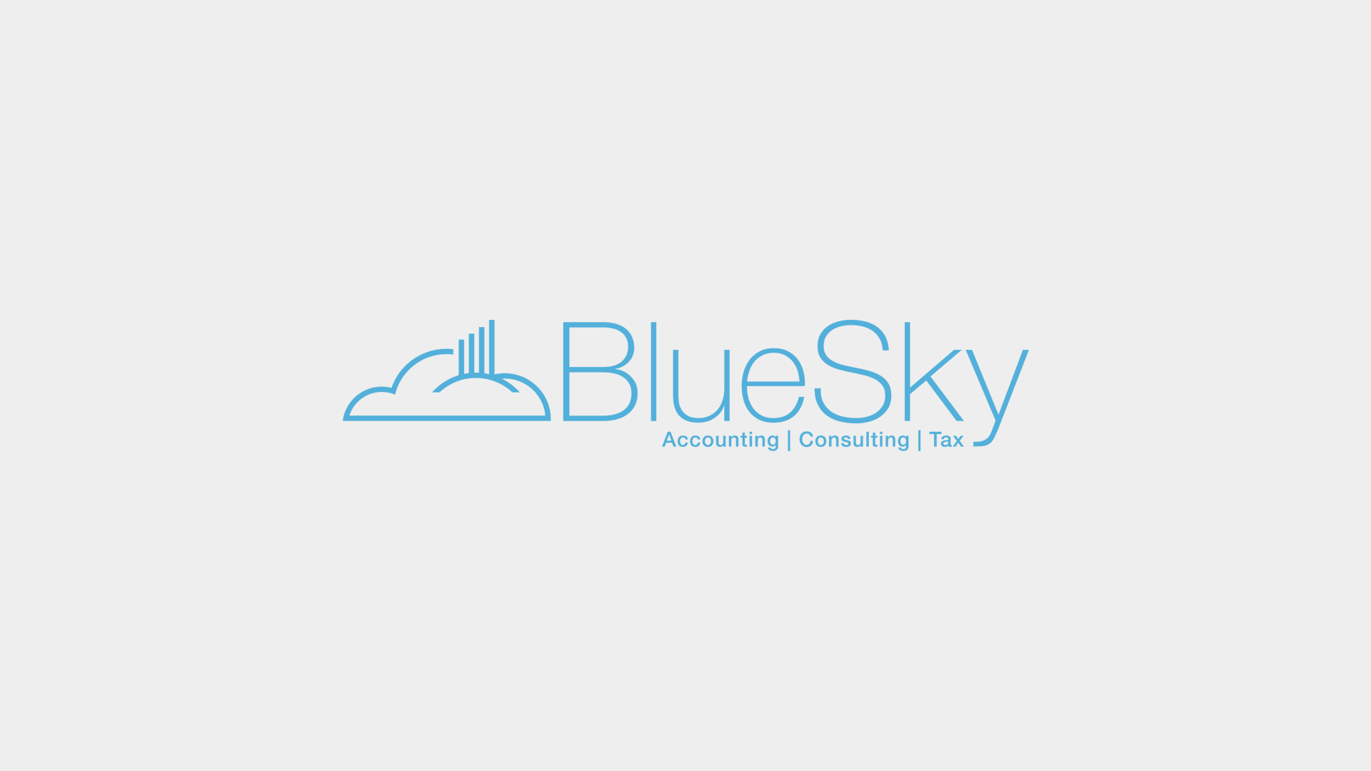 Logo for BlueSky, featuring a stylized cloud and city skyline, with text 'BlueSky' and smaller text 'Accounting | Consulting | Tax' in blue.