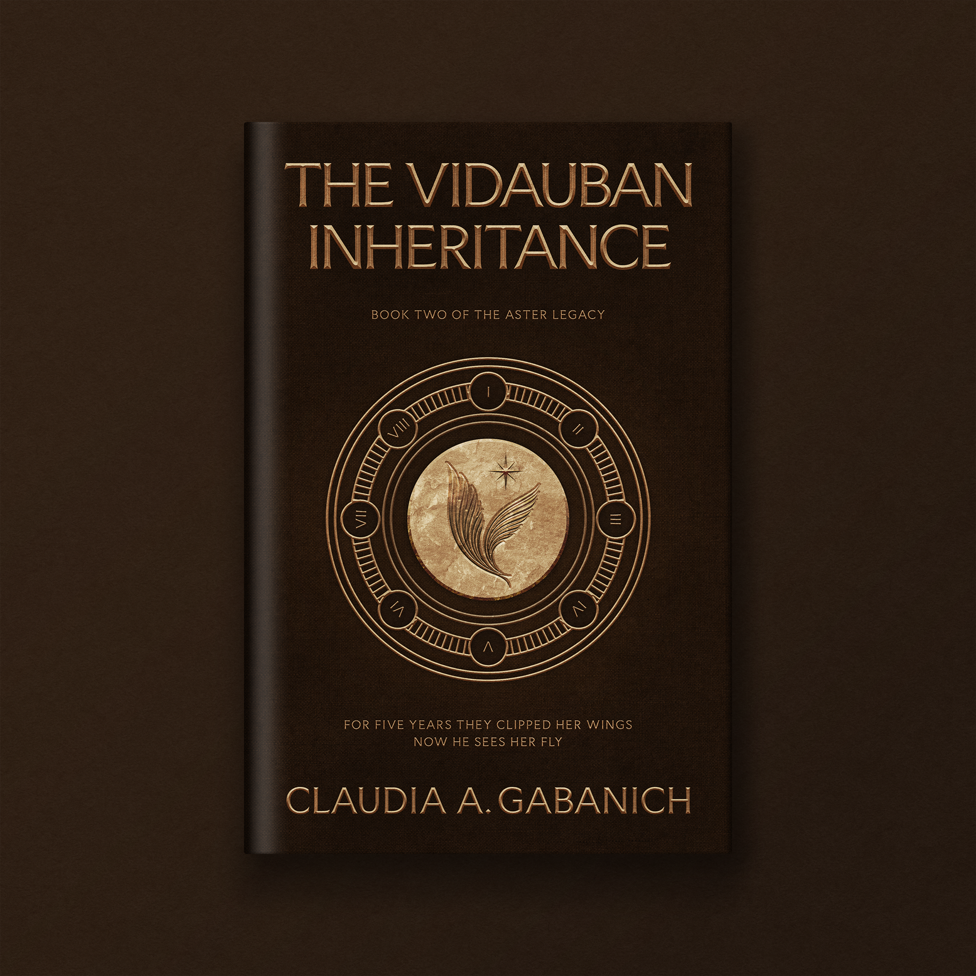 Book cover titled 'The Vidauban Inheritance' by Claudia A. Gabanich, with a circular design and a feather in the center, dark brown background.