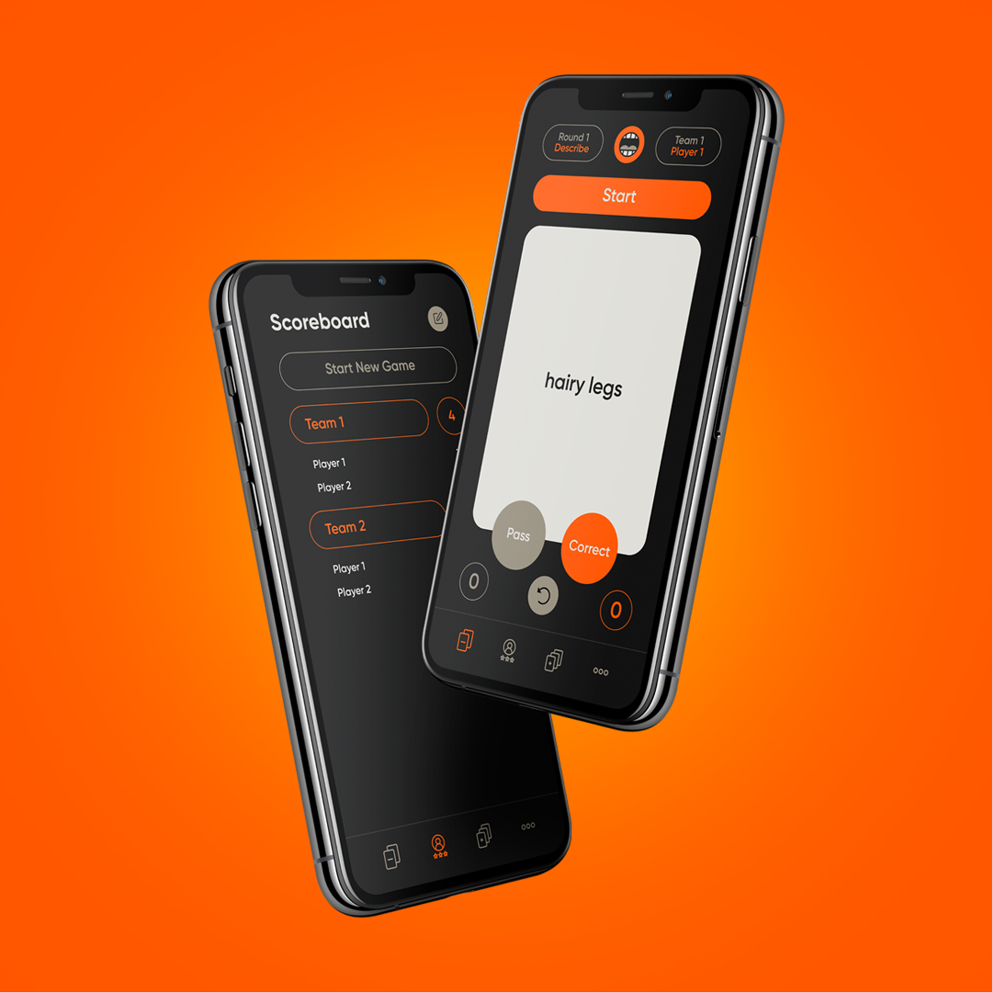 Two smartphones displaying a game interface with scores, team names, and game options against an orange background.