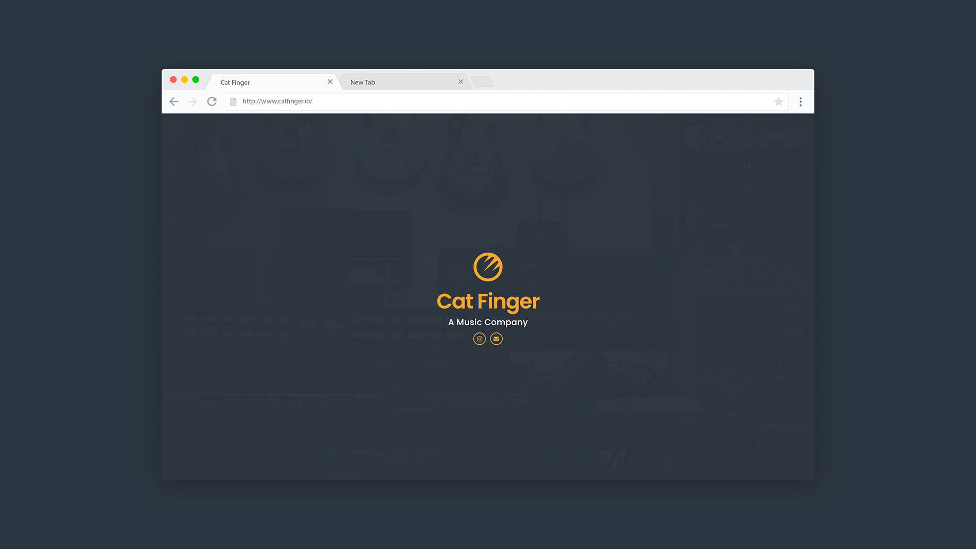 Screenshot of a website homepage for Cat Finger, a music company, with a dark background, a logo, and social media and contact icons.